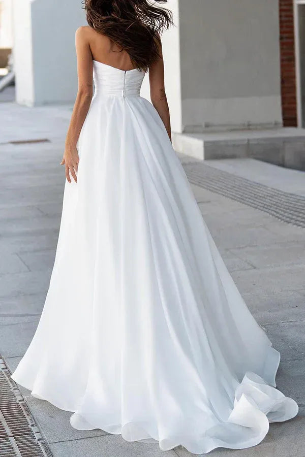 Strapless Beaded Pearl Sweetheart Ruched Soft Chiffon A-Line Wedding Dress