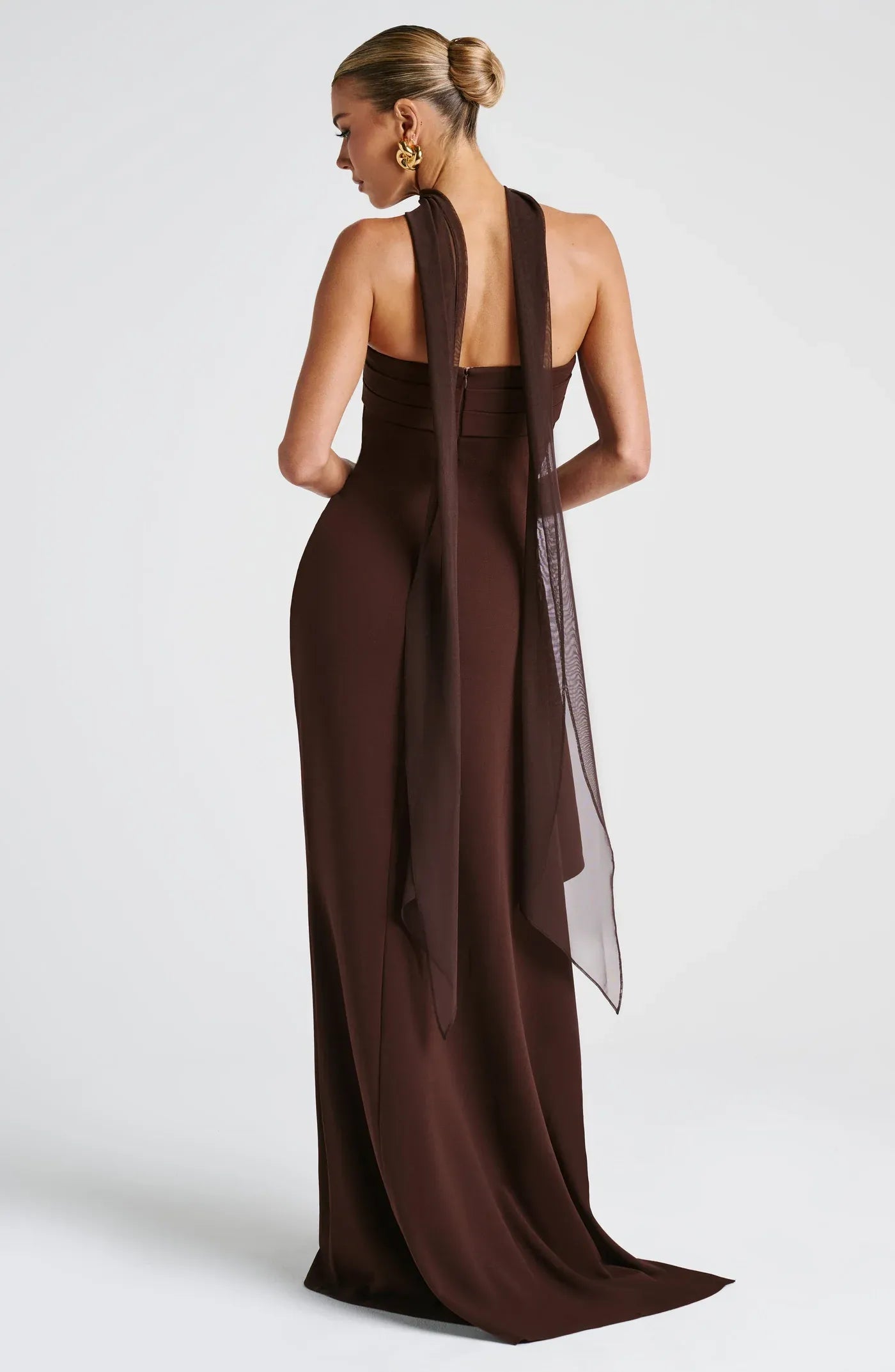 Strapless Choker Halter High Slit Draped Train Dark Brown Crepe Mermaid Maxi Wedding Guest Dresses
