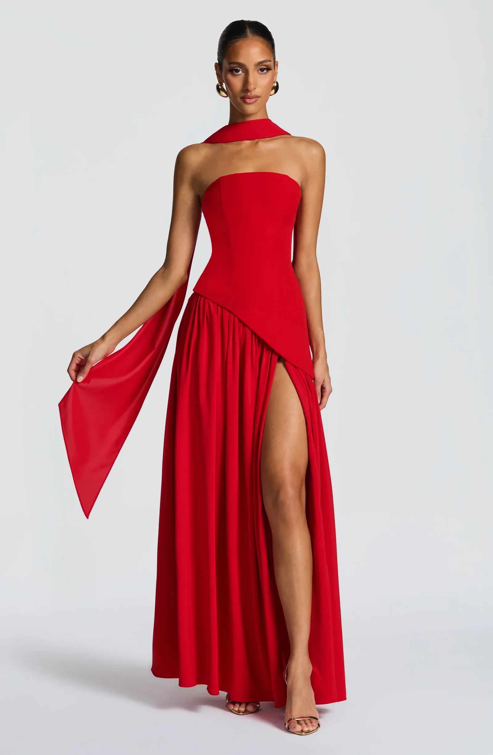 Strapless Choker Neck Asymmetric Overlay High Slit Red Crepe Two Tier Maxi Wedding Guest Dresses