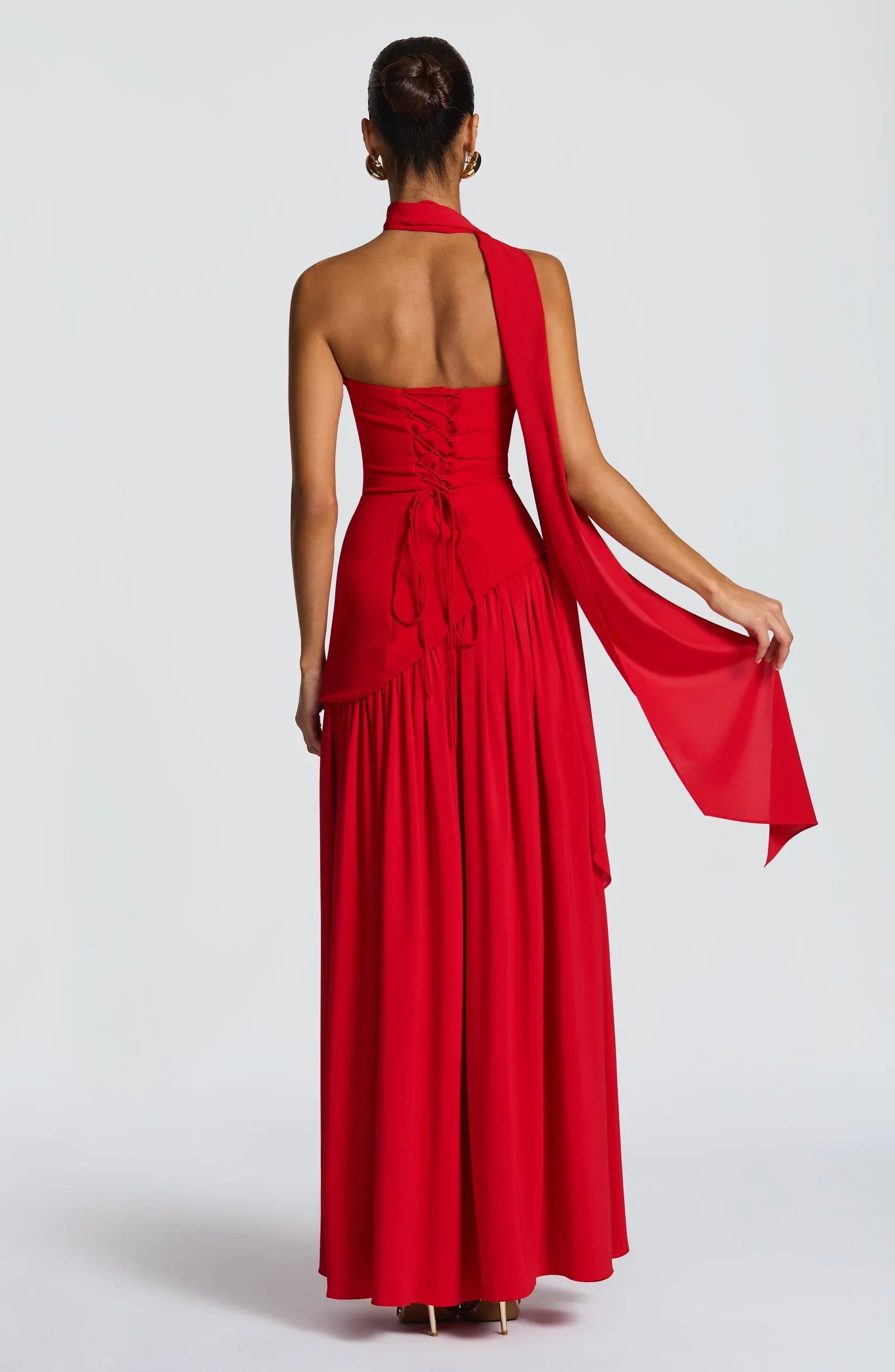 Strapless Choker Neck Asymmetric Overlay High Slit Red Crepe Two Tier Maxi Wedding Guest Dresses