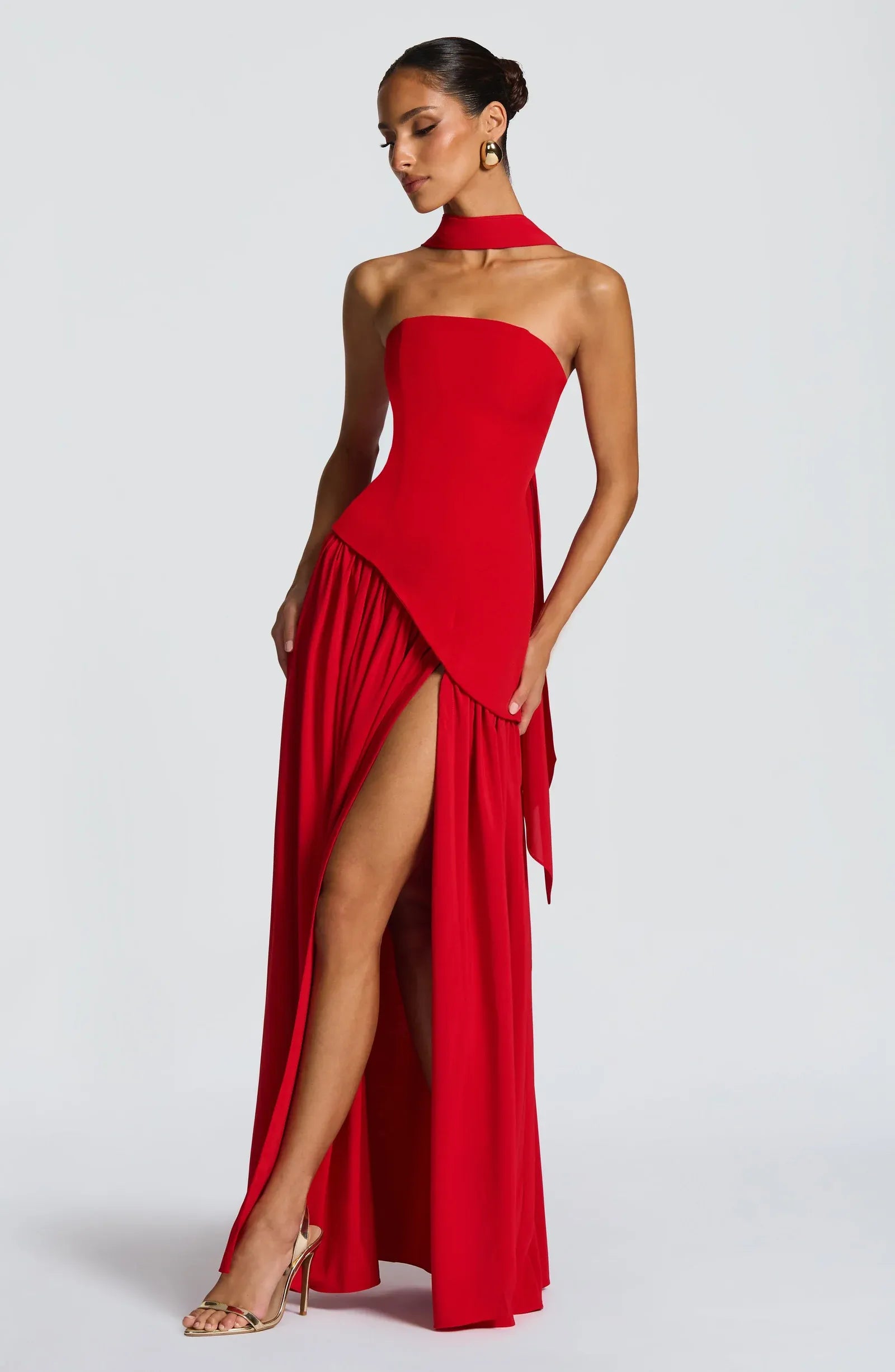 Strapless Choker Neck Asymmetric Overlay High Slit Red Crepe Two Tier Maxi Wedding Guest Dresses