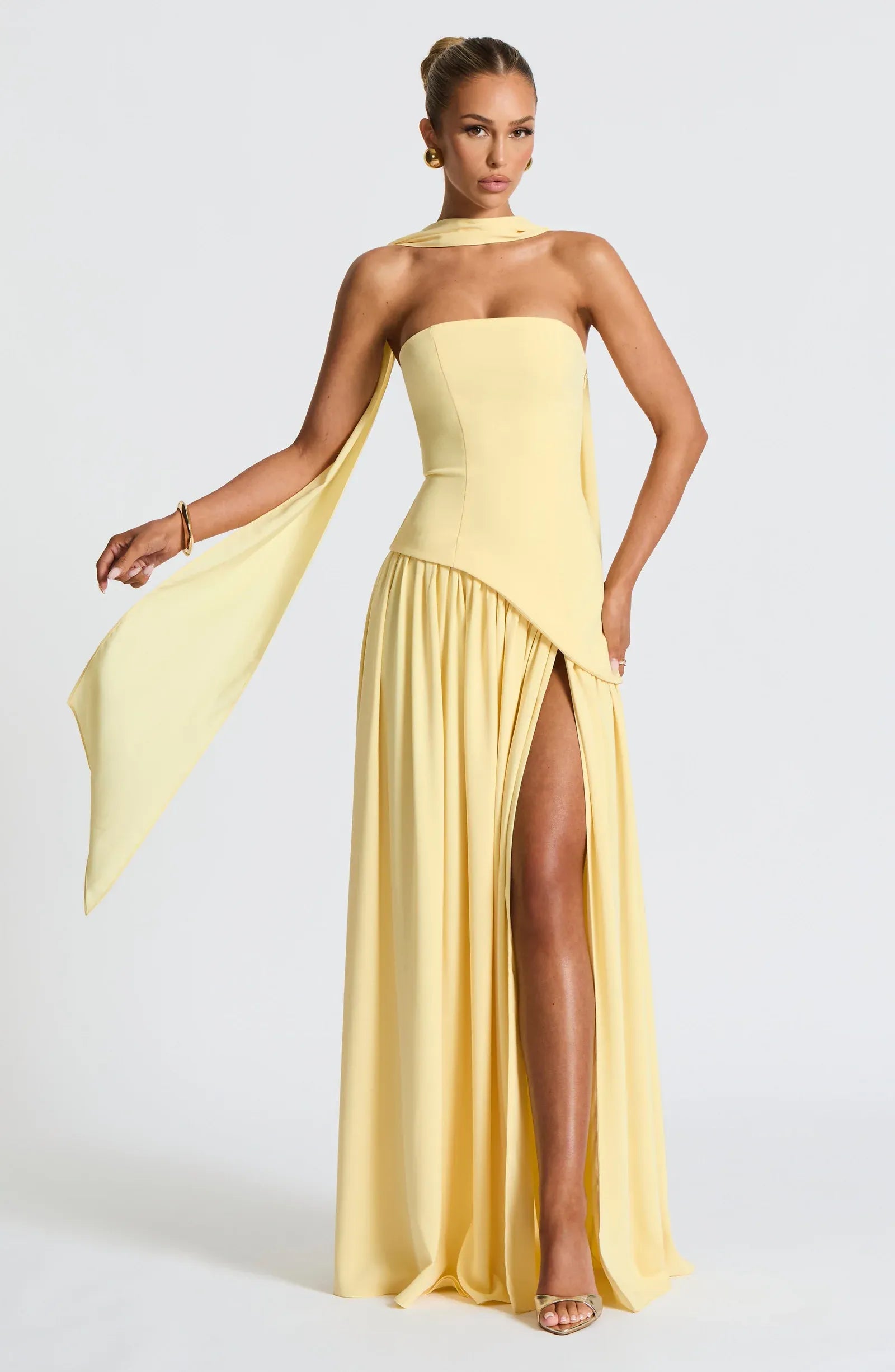 Strapless Choker Sash Asymmetrical Overlay High Slit Pale Yellow Crepe A Line Maxi Wedding Guest Dresses