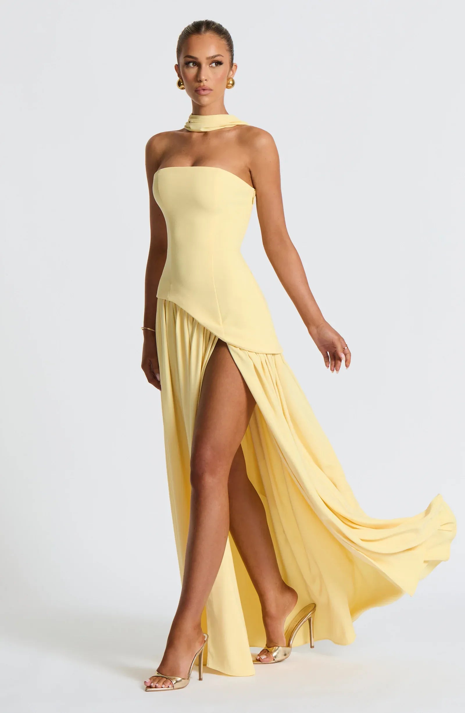 Strapless Choker Sash Asymmetrical Overlay High Slit Pale Yellow Crepe A Line Maxi Wedding Guest Dresses