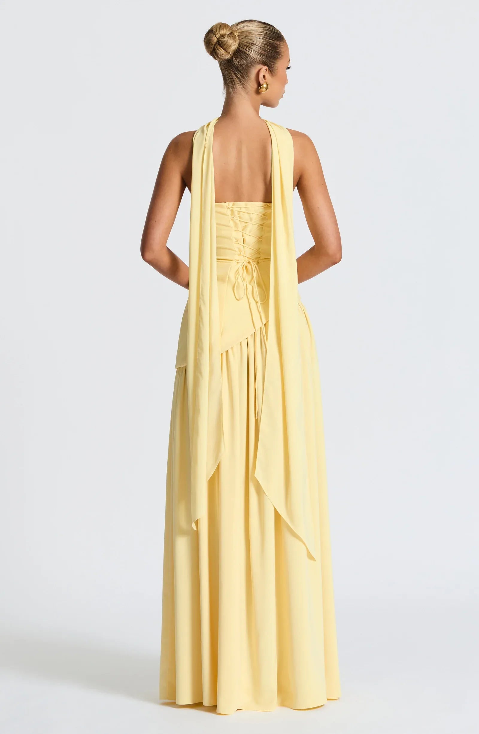 Strapless Choker Sash Asymmetrical Overlay High Slit Pale Yellow Crepe A Line Maxi Wedding Guest Dresses