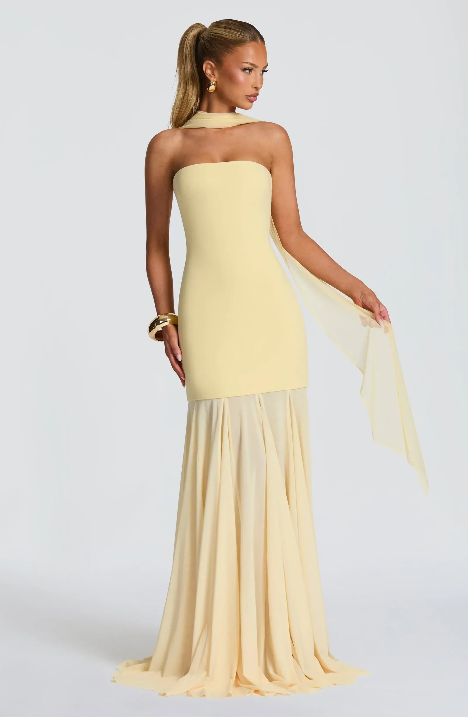 Strapless Choker Sash Two Layer Pale Yellow Crepe Flowy Maxi Wedding Guest Dresses