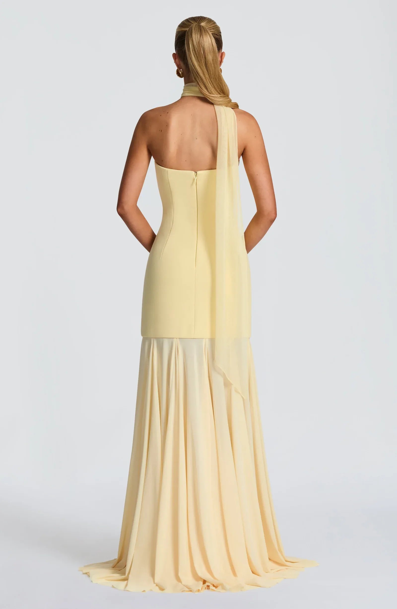 Strapless Choker Sash Two Layer Pale Yellow Crepe Flowy Maxi Wedding Guest Dresses