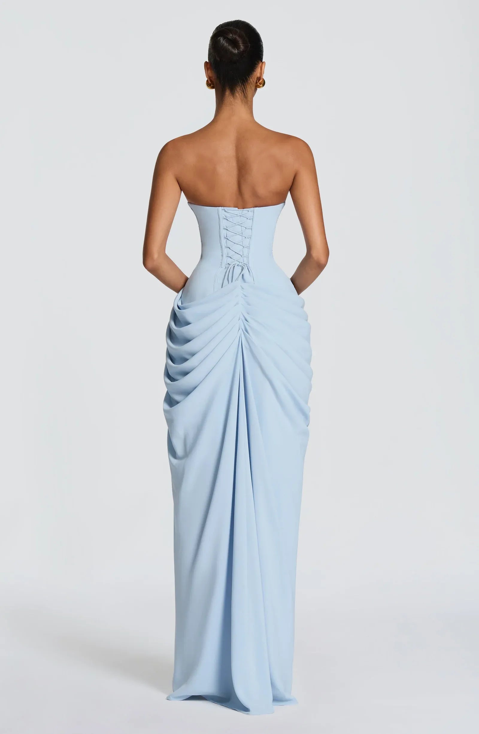 Strapless Corset Bodice Draped Waist High Slit Sky Blue Crepe Mermaid Maxi Wedding Guest Dresses