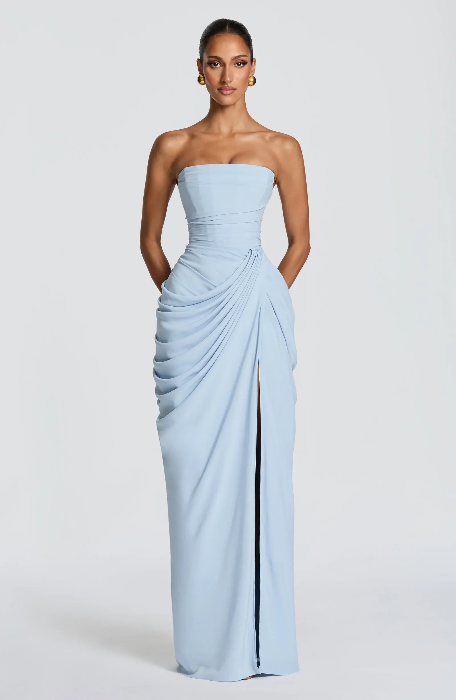 Strapless Corset Bodice Draped Waist High Slit Sky Blue Crepe Mermaid Maxi Wedding Guest Dresses