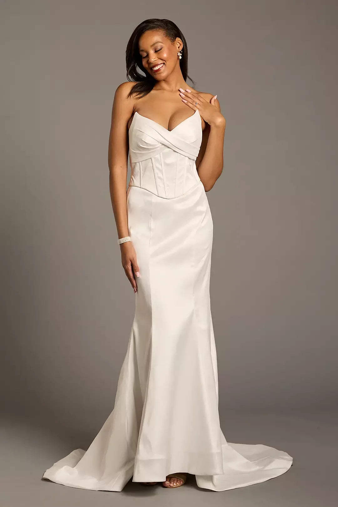 Strapless Corset‑Bodice Satin Mermaid Wedding Dress With Button‑Back Detail