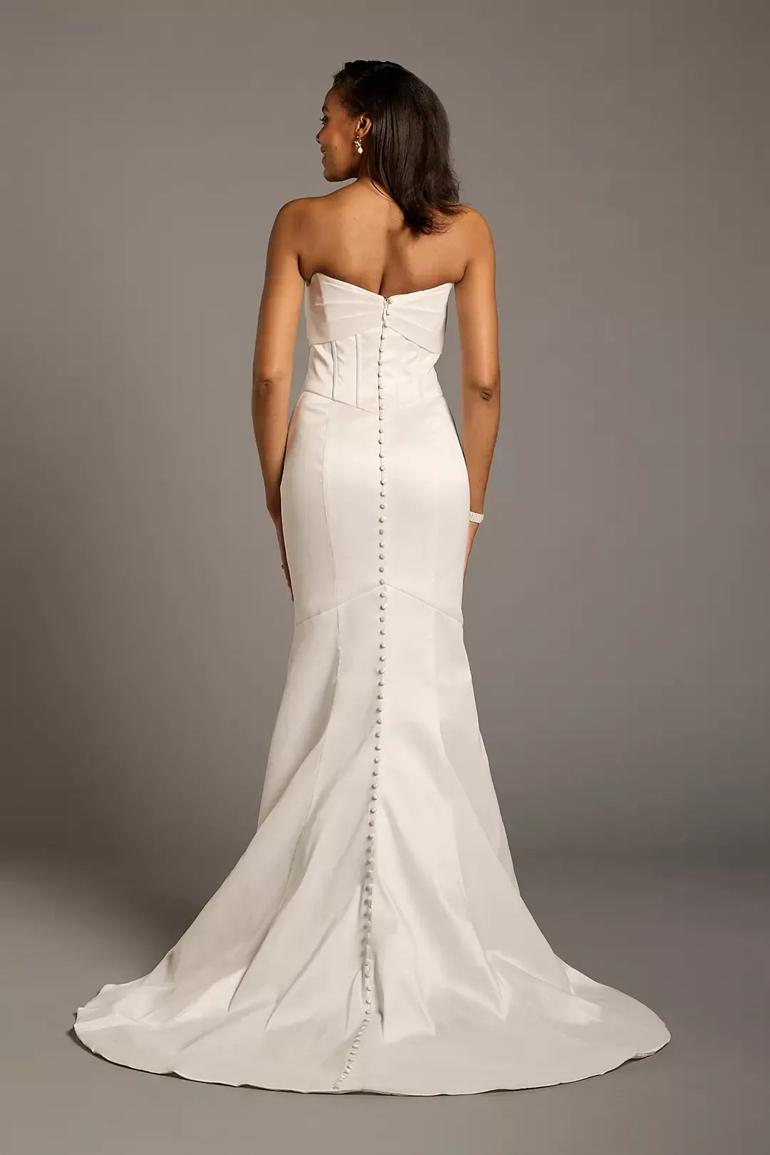 Strapless Corset‑Bodice Satin Mermaid Wedding Dress With Button‑Back Detail