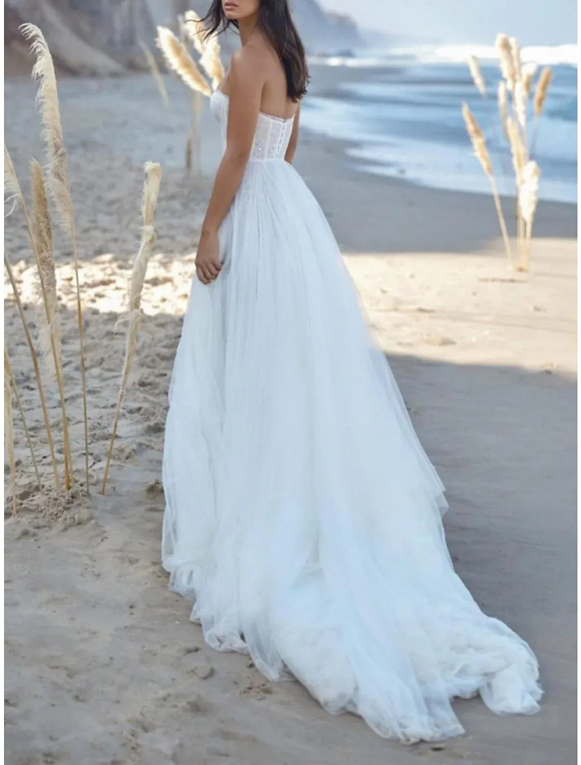 Strapless Corset Lace‑Appliqué Tulle A‑Line Wedding Dress With High Slit & Detachable Sleeves