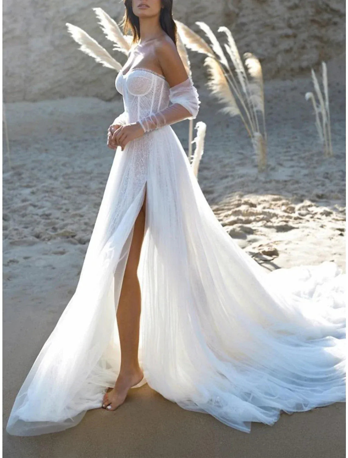 Strapless Corset Lace‑Appliqué Tulle A‑Line Wedding Dress With High Slit & Detachable Sleeves