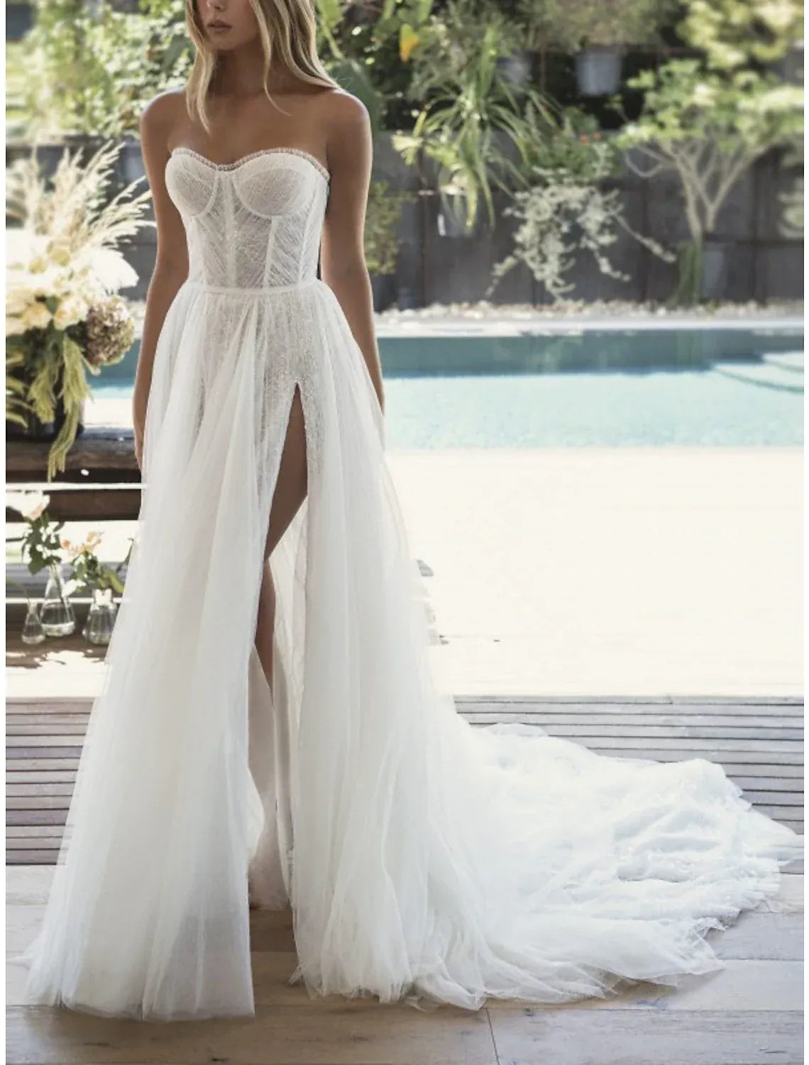 Strapless Corset Lace‑Appliqué Tulle A‑Line Wedding Dress With High Slit & Detachable Sleeves