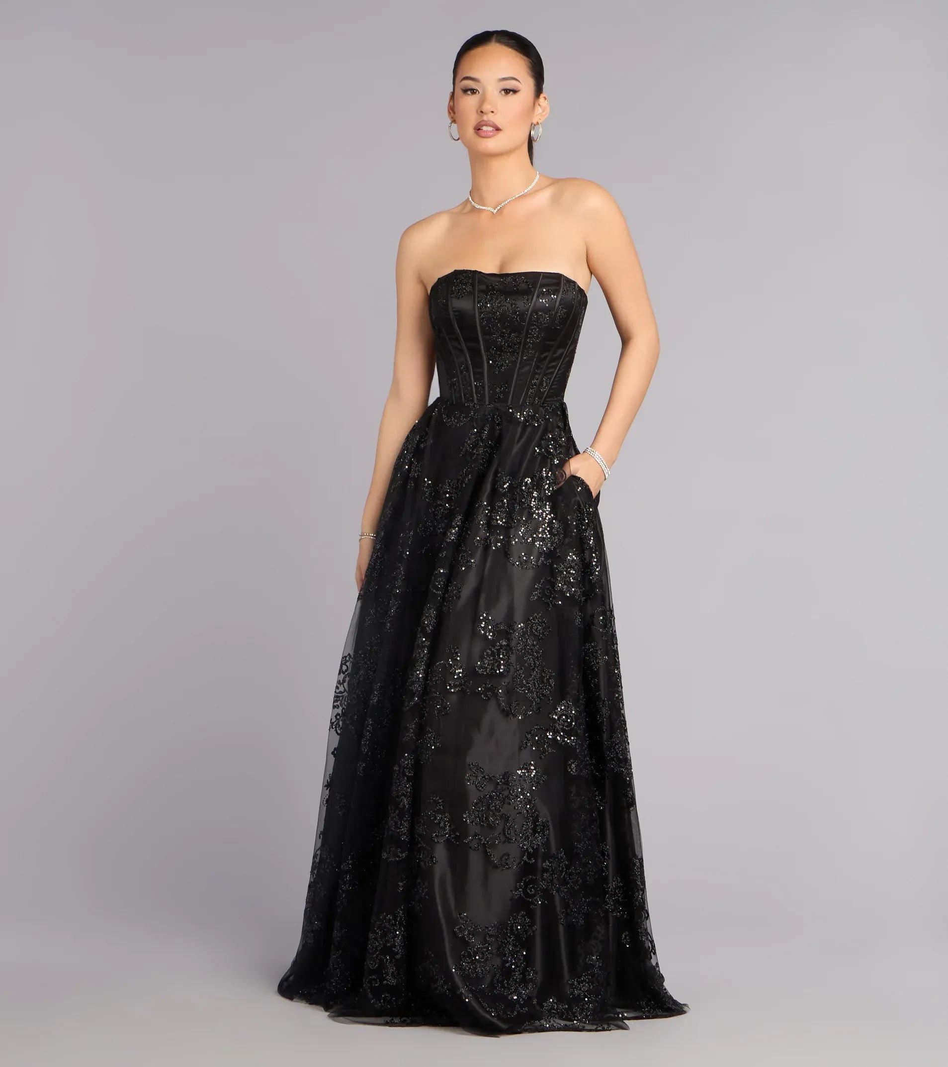 Strapless Corset Sequin Lace A-Line Pocket Maxi Wedding Guest Dress