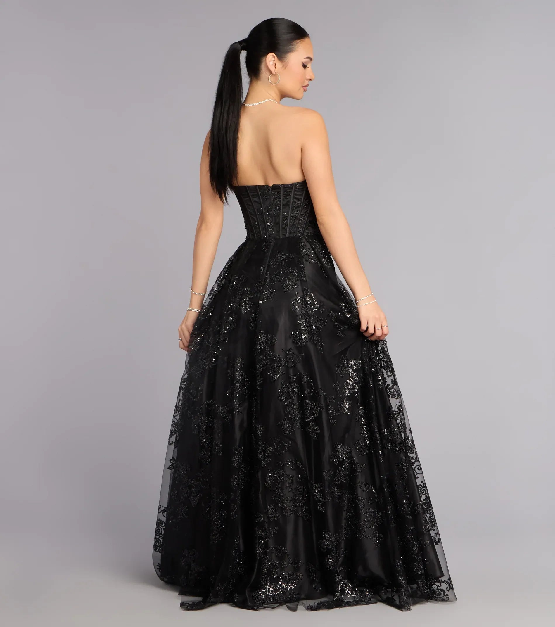 Strapless Corset Sequin Lace A-Line Pocket Maxi Wedding Guest Dress