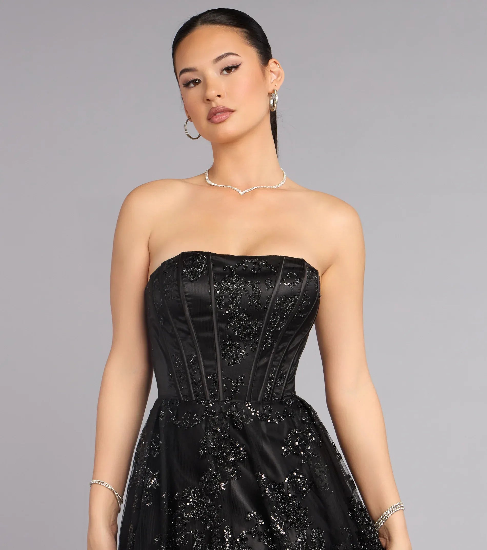 Strapless Corset Sequin Lace A-Line Pocket Maxi Wedding Guest Dress