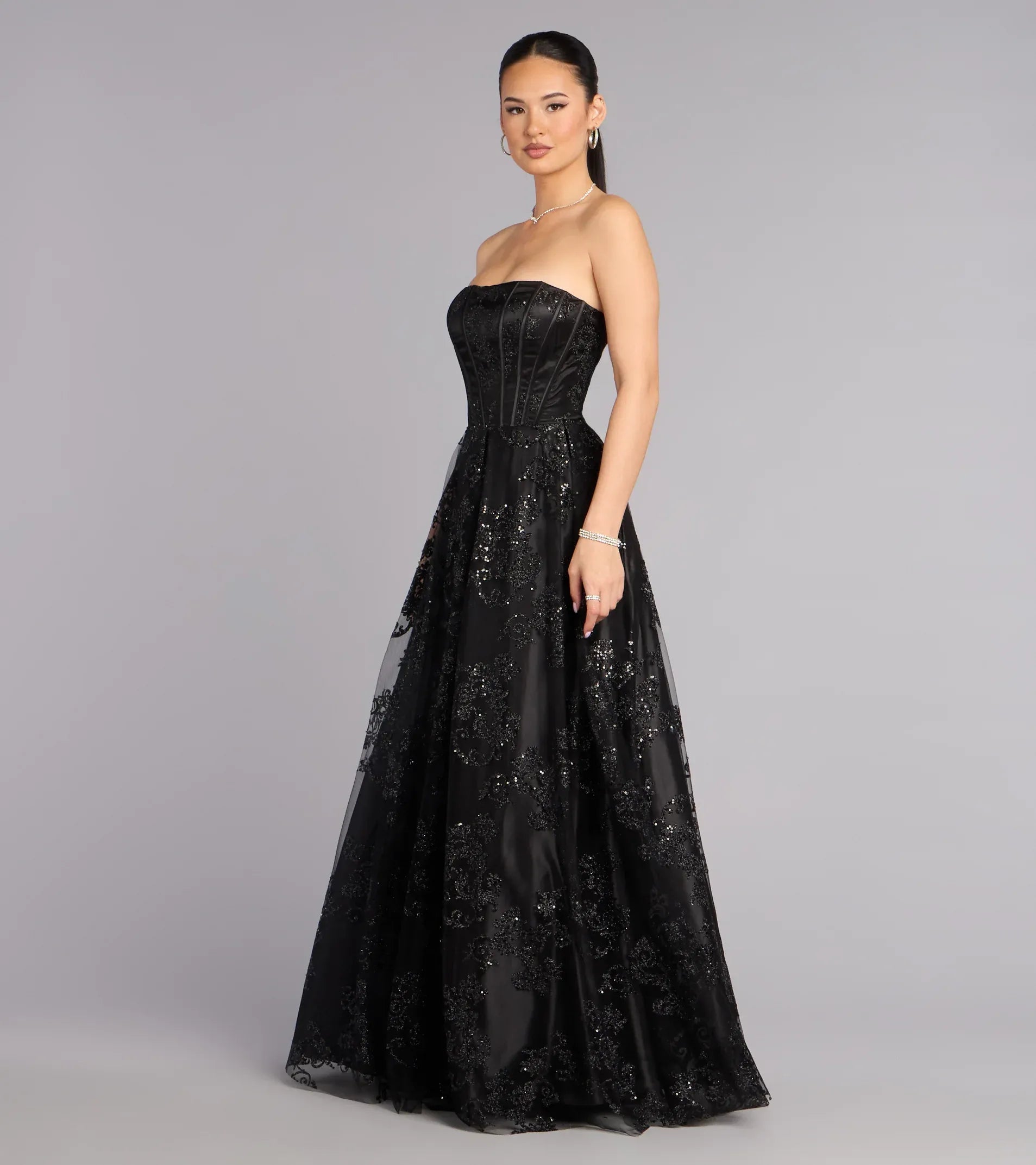 Strapless Corset Sequin Lace A-Line Pocket Maxi Wedding Guest Dress