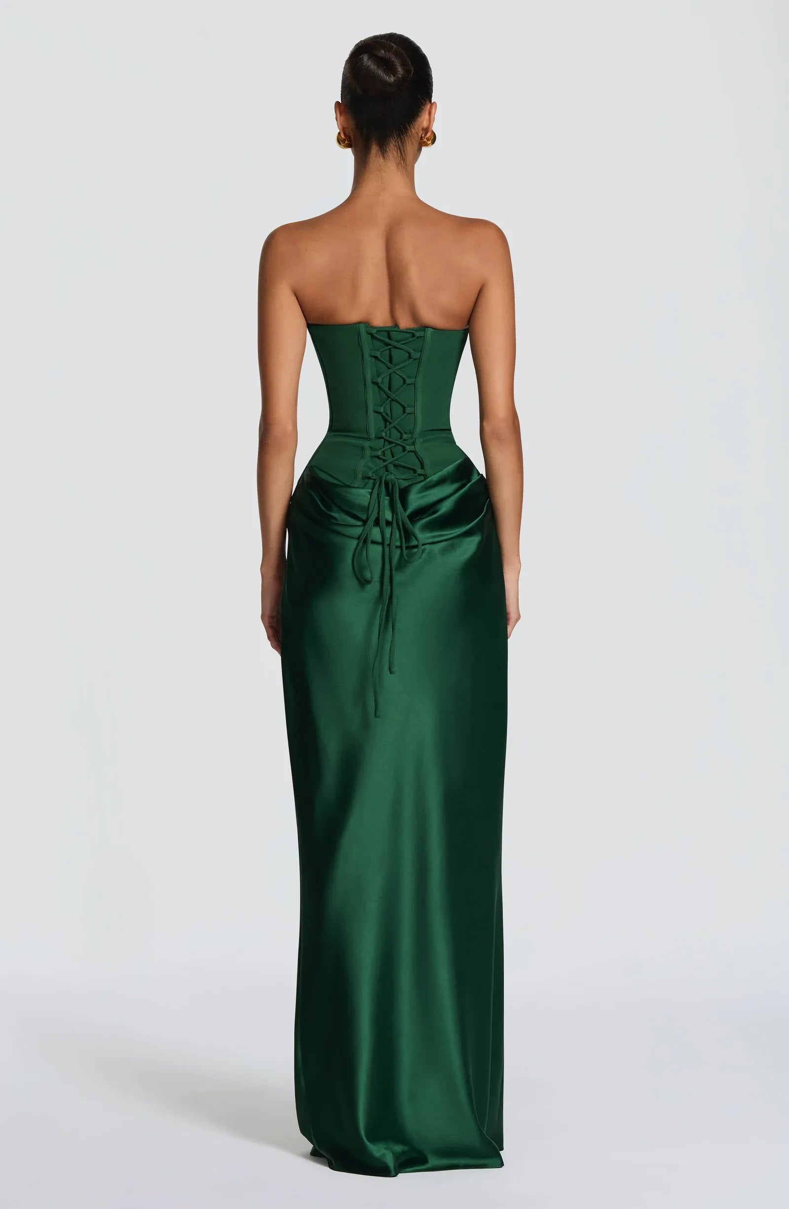 Strapless Corset Waist Draped Hip Emerald Green Two Fabric Mermaid Maxi Wedding Guest Dresses