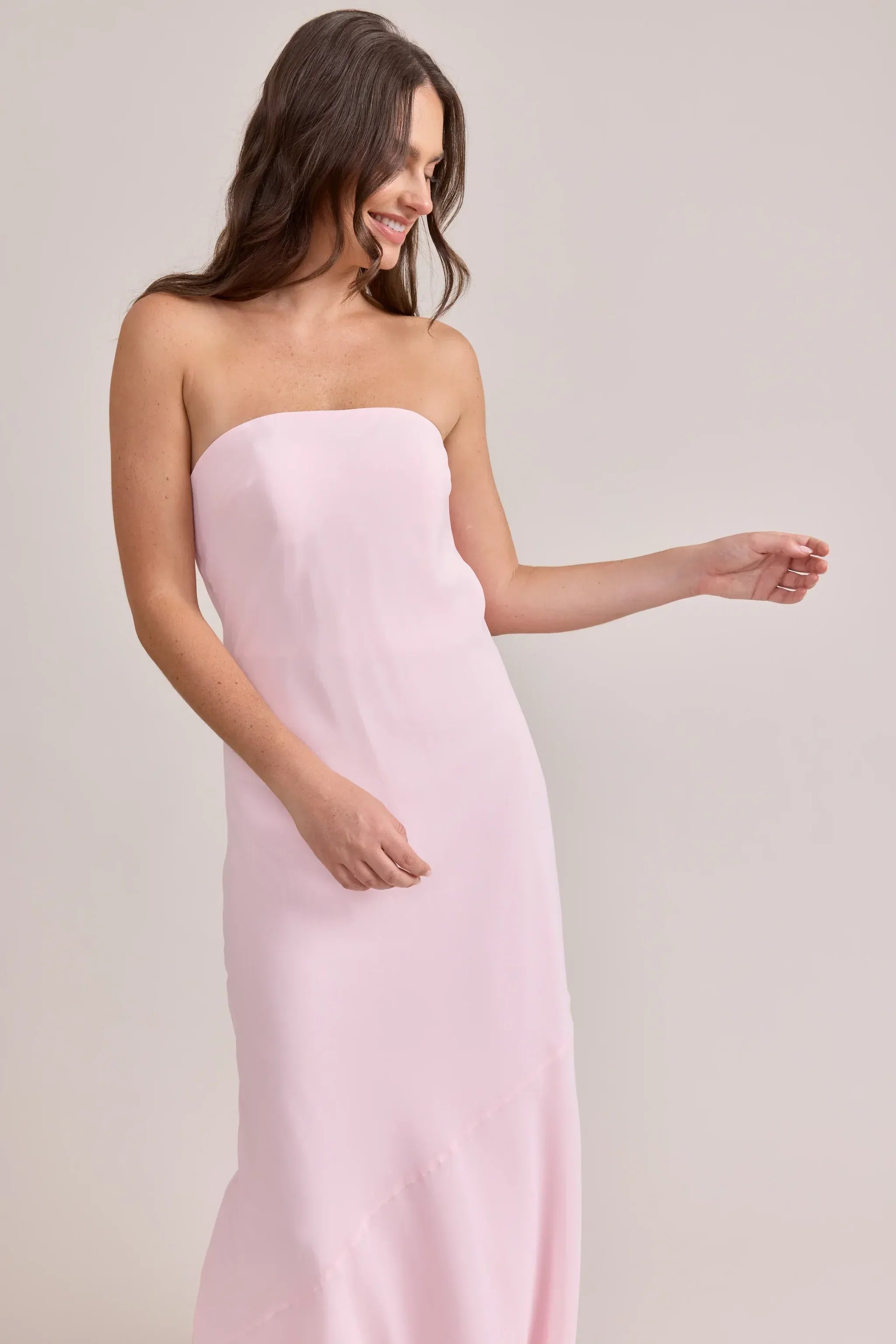 Strapless Cowl Back Button Detail Mermaid Chiffon Long Bridesmaid Dress