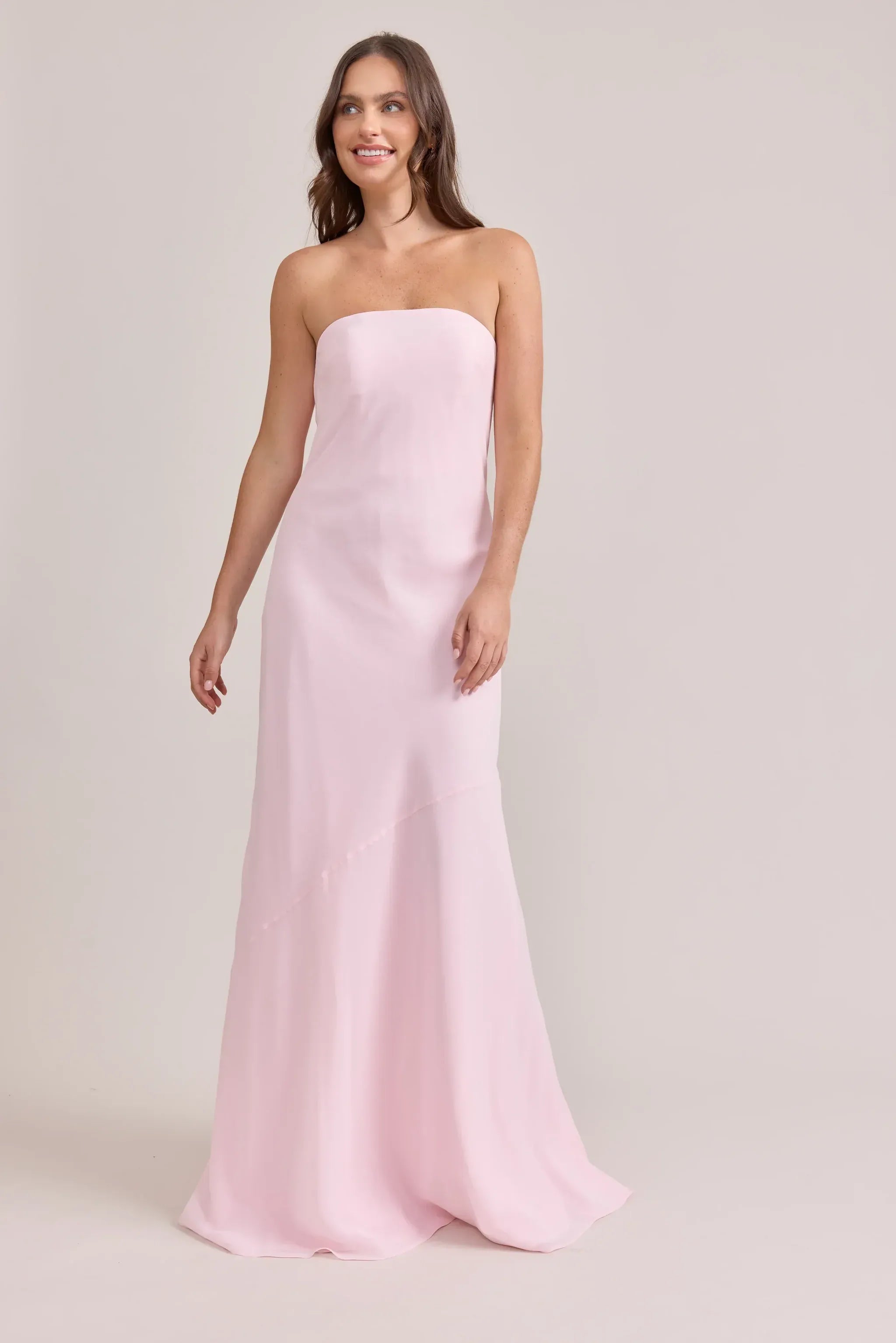 Strapless Cowl Back Button Detail Mermaid Chiffon Long Bridesmaid Dress