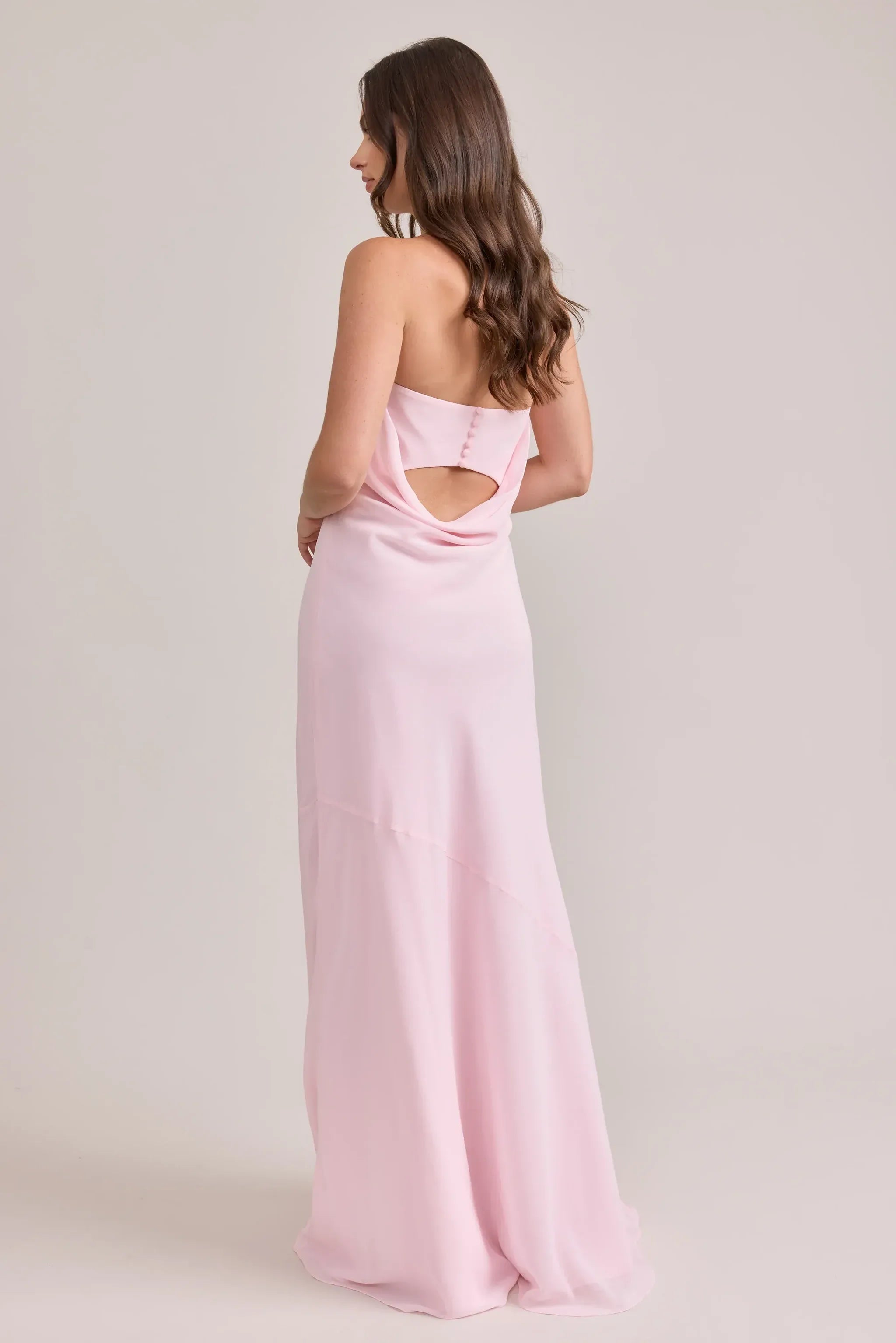 Strapless Cowl Back Button Detail Mermaid Chiffon Long Bridesmaid Dress