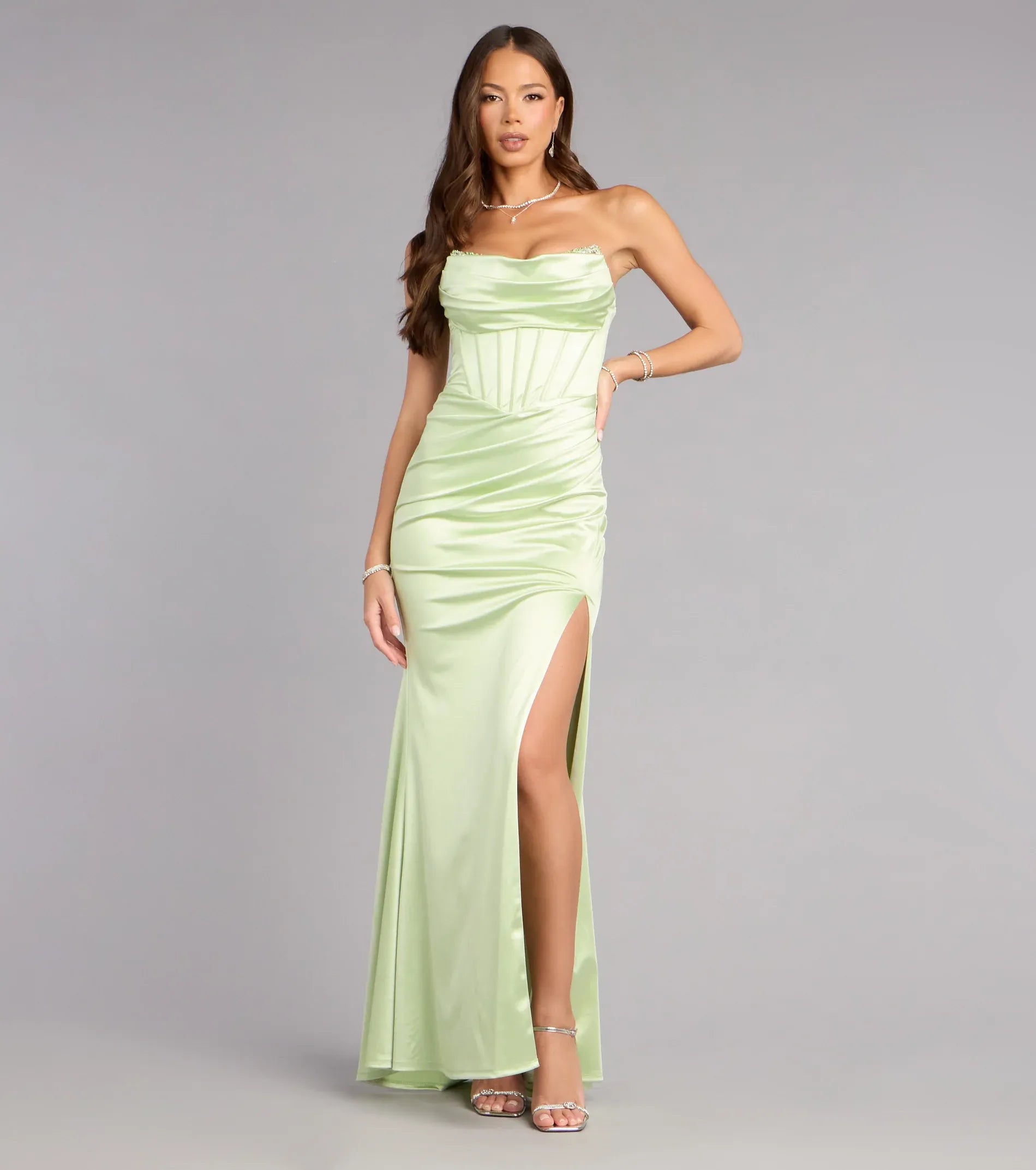 Strapless Cowl Corset Lace-Up Back Ruched Satin High-Slit Mermaid Maxi Prom Dress