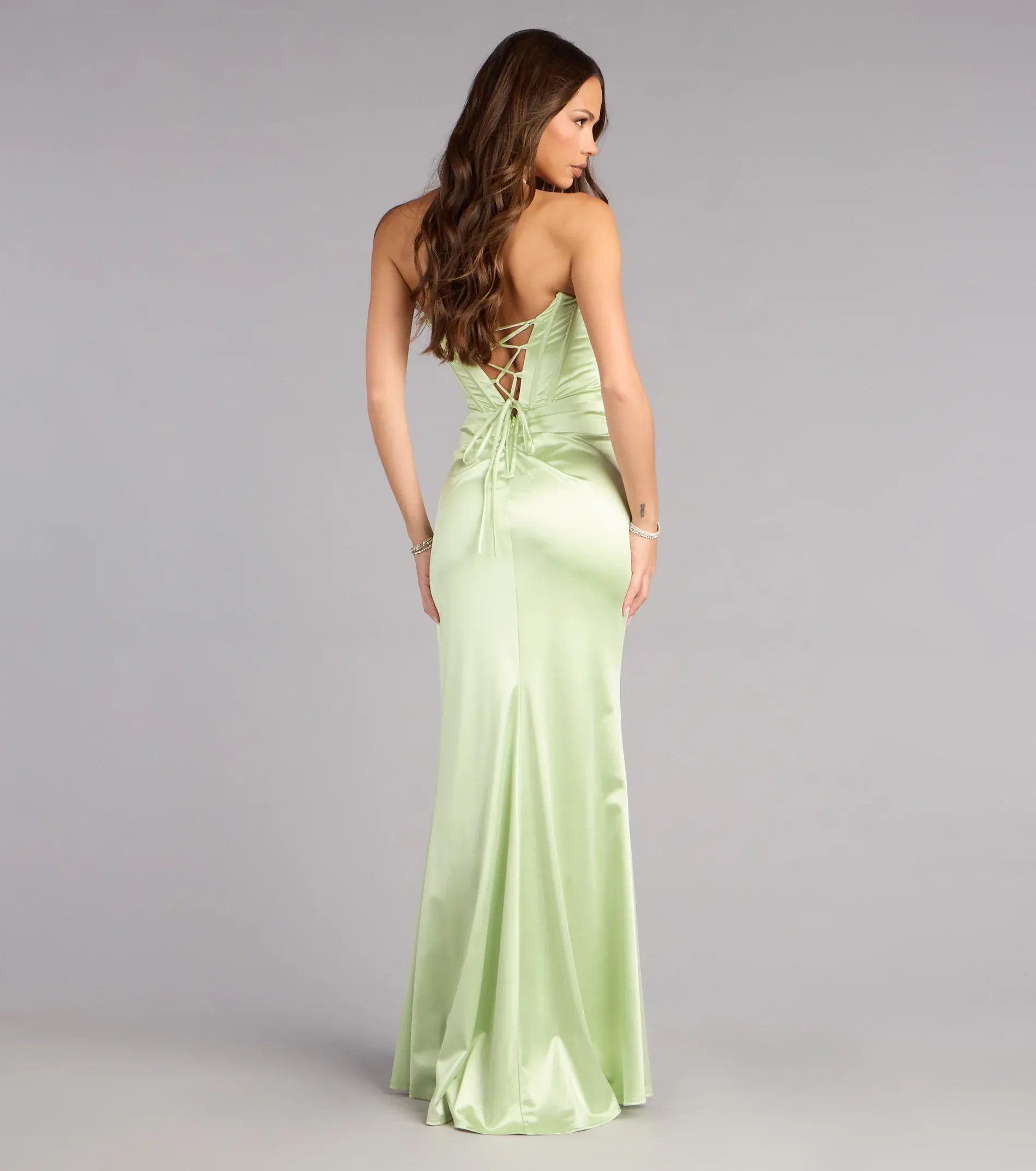 Strapless Cowl Corset Lace-Up Back Ruched Satin High-Slit Mermaid Maxi Prom Dress