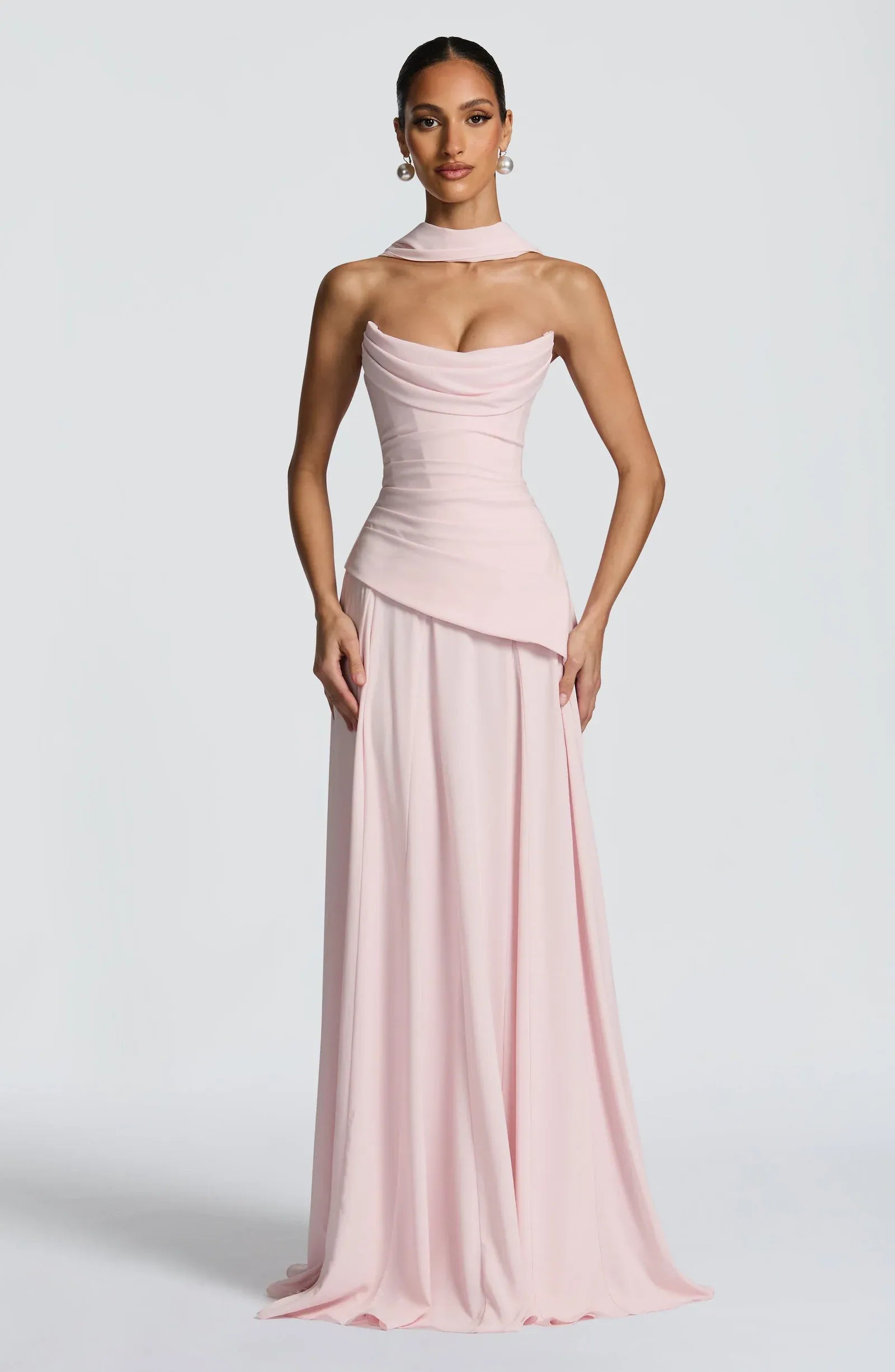 Strapless Cowl Corset Waist Choker Sash Blush Pink Two Fabric A Line Maxi Wedding Guest Dresses