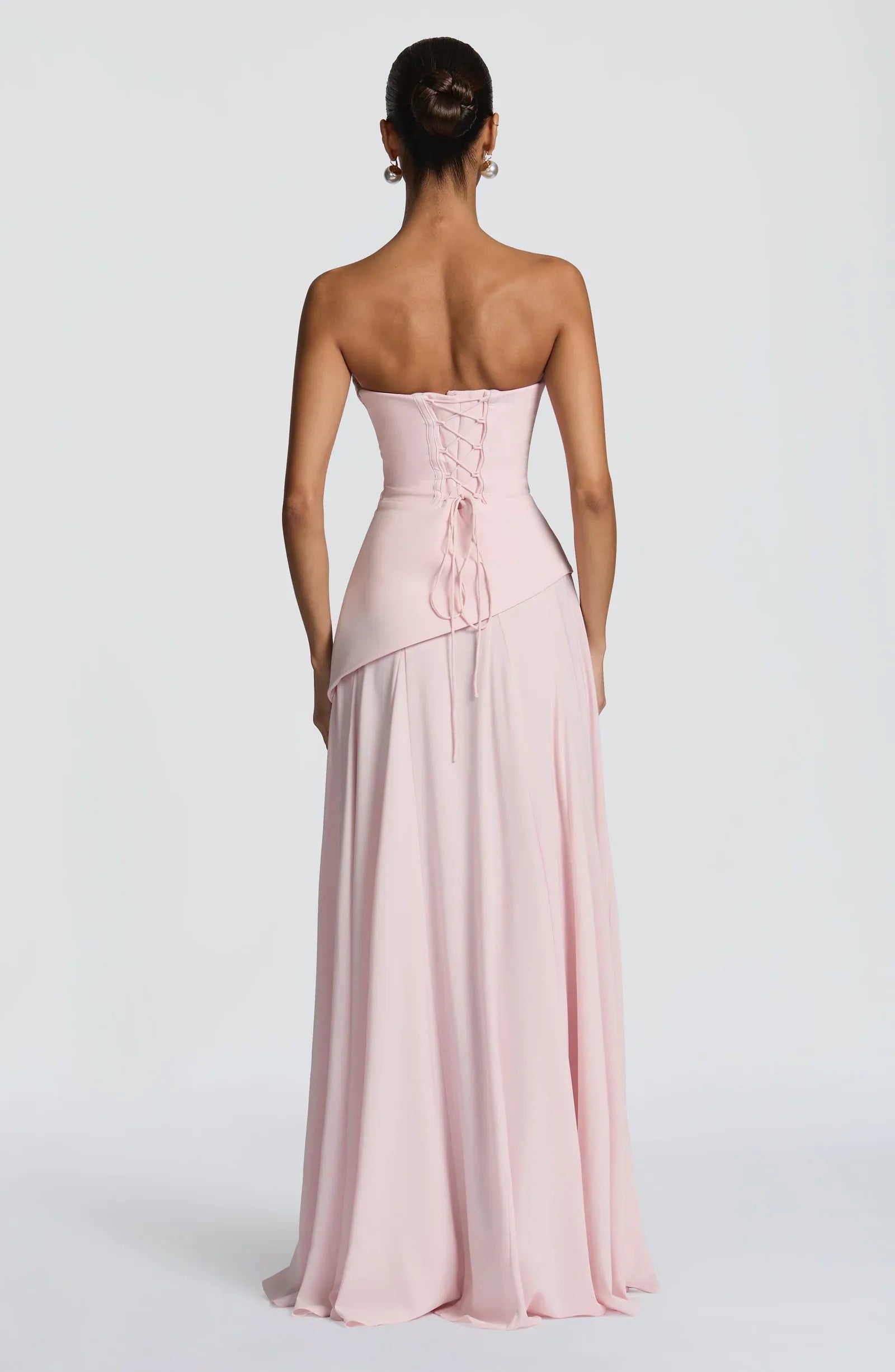Strapless Cowl Corset Waist Choker Sash Blush Pink Two Fabric A Line Maxi Wedding Guest Dresses