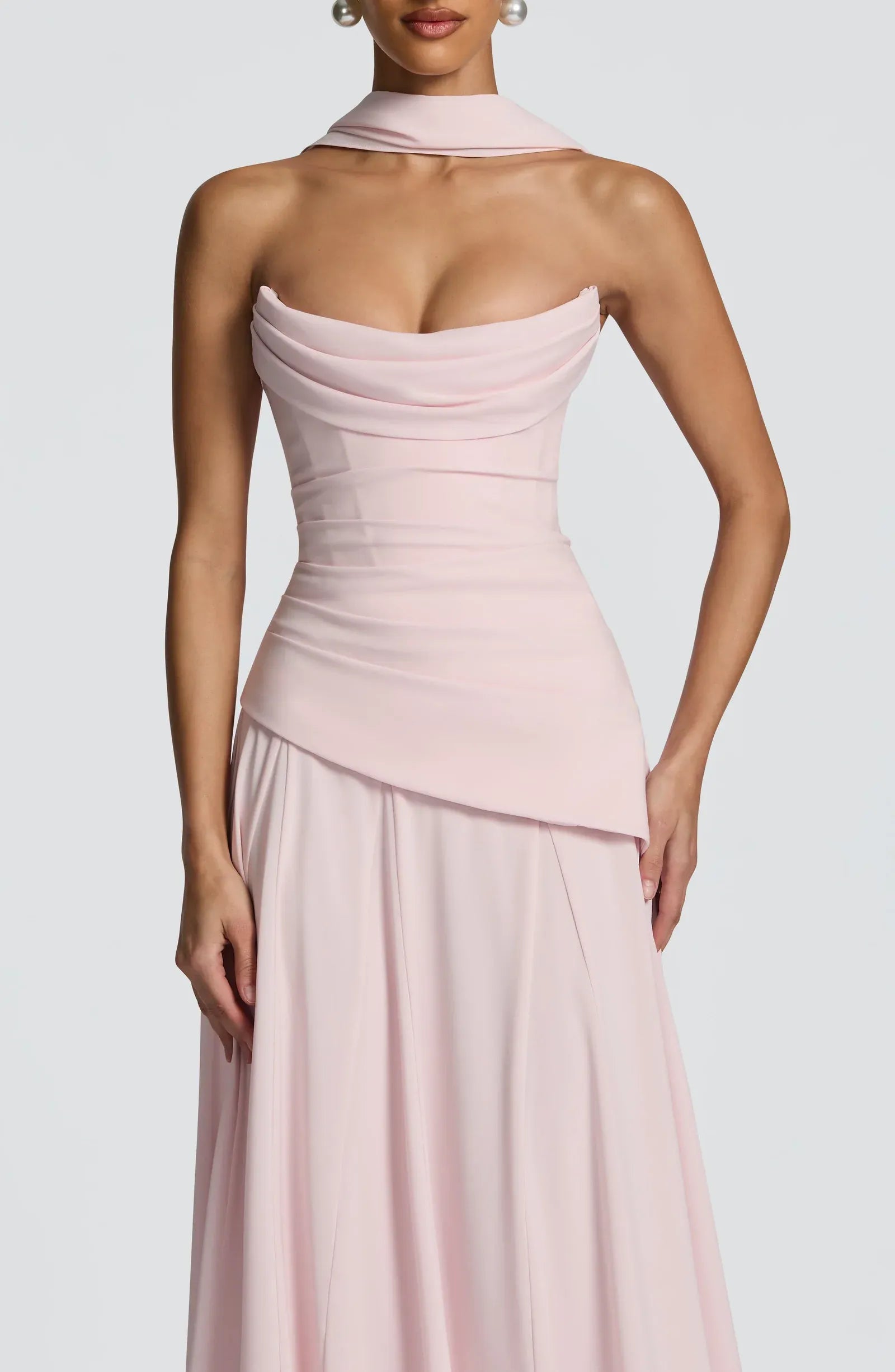 Strapless Cowl Corset Waist Choker Sash Blush Pink Two Fabric A Line Maxi Wedding Guest Dresses