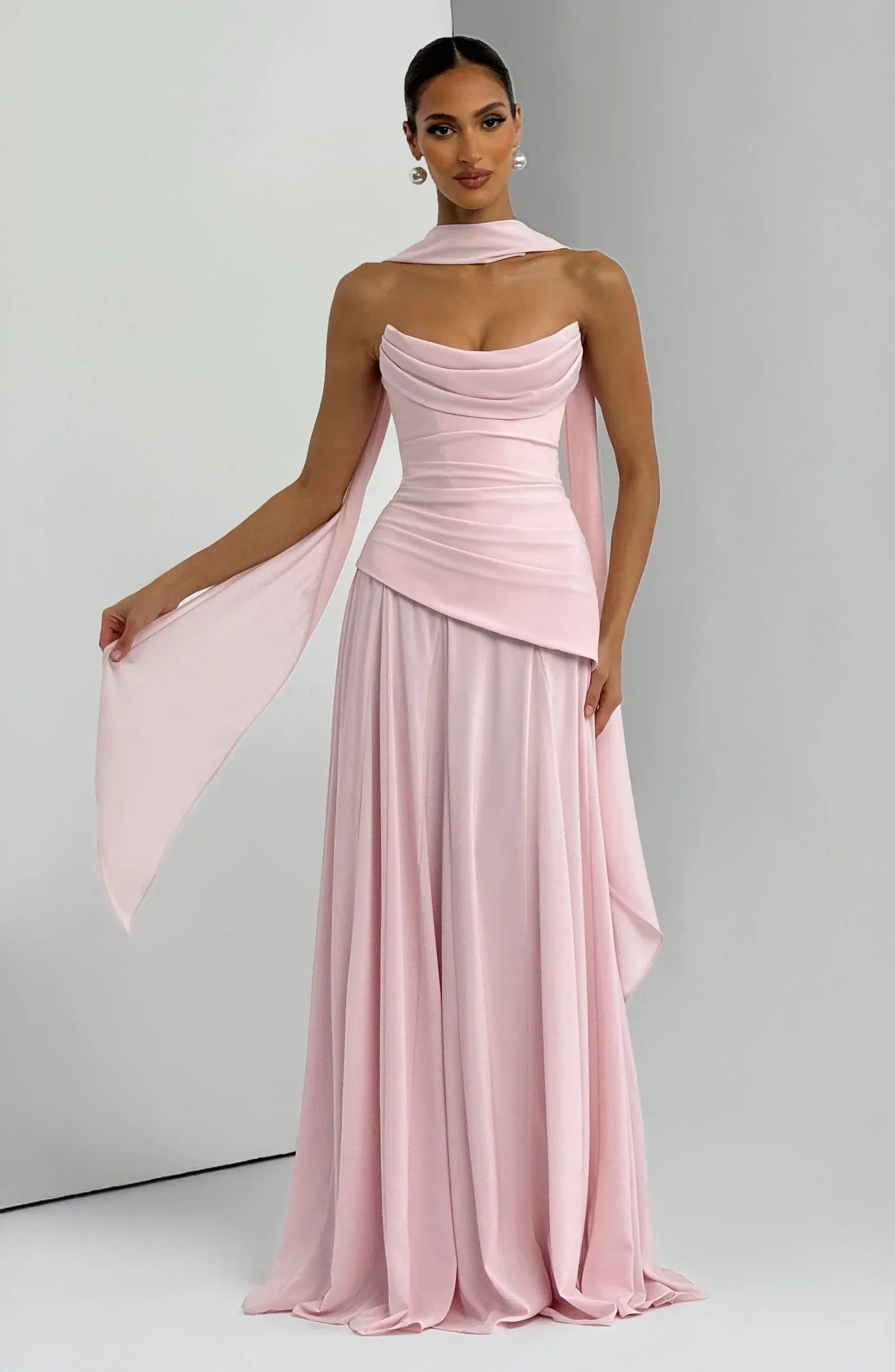 Strapless Cowl Corset Waist Choker Sash Blush Pink Two Fabric A Line Maxi Wedding Guest Dresses