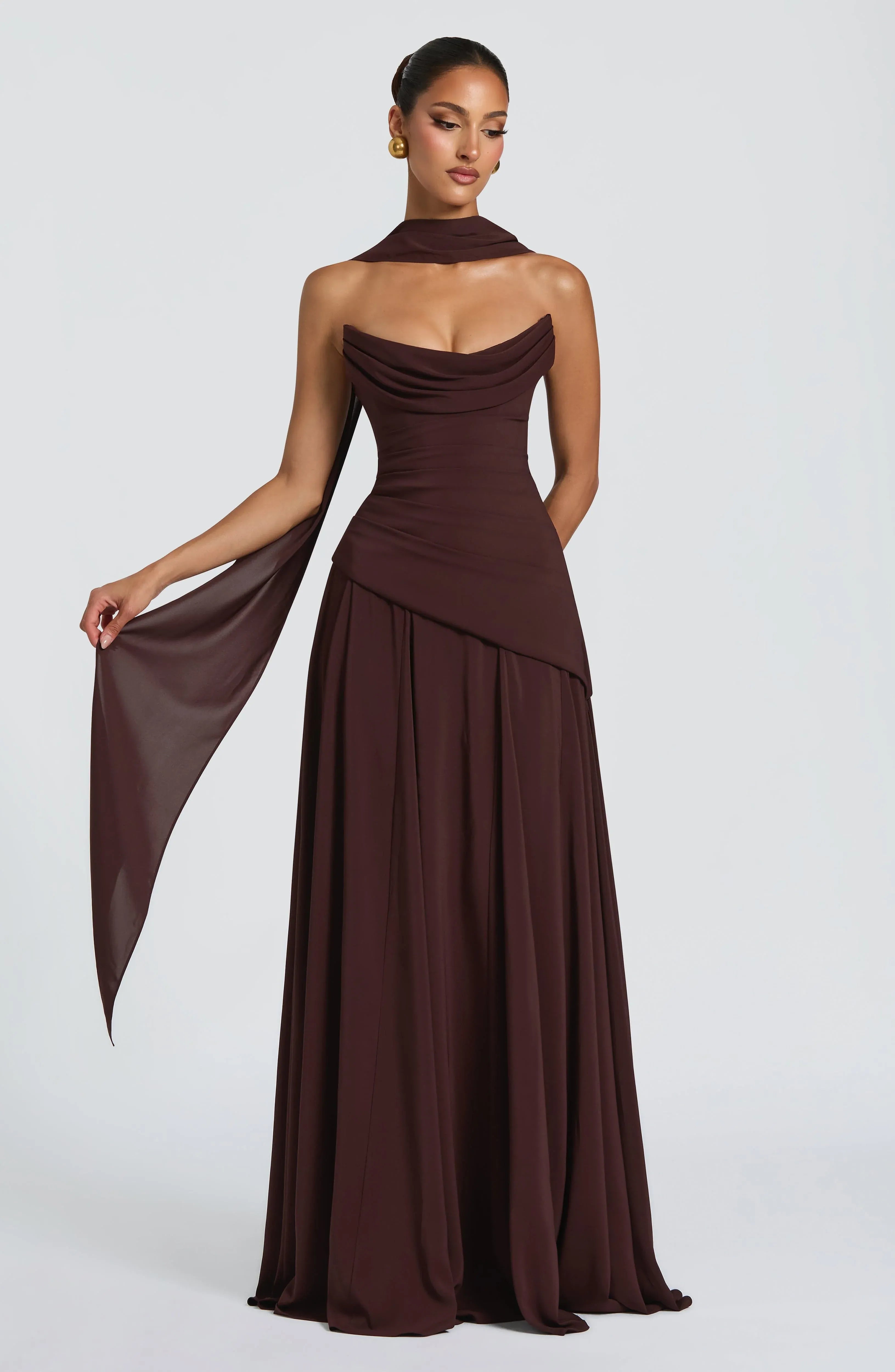 Strapless Cowl Neck Choker Sash Detachable Cape Two Fabric Burgundy A Line Maxi Wedding Guest Dresses