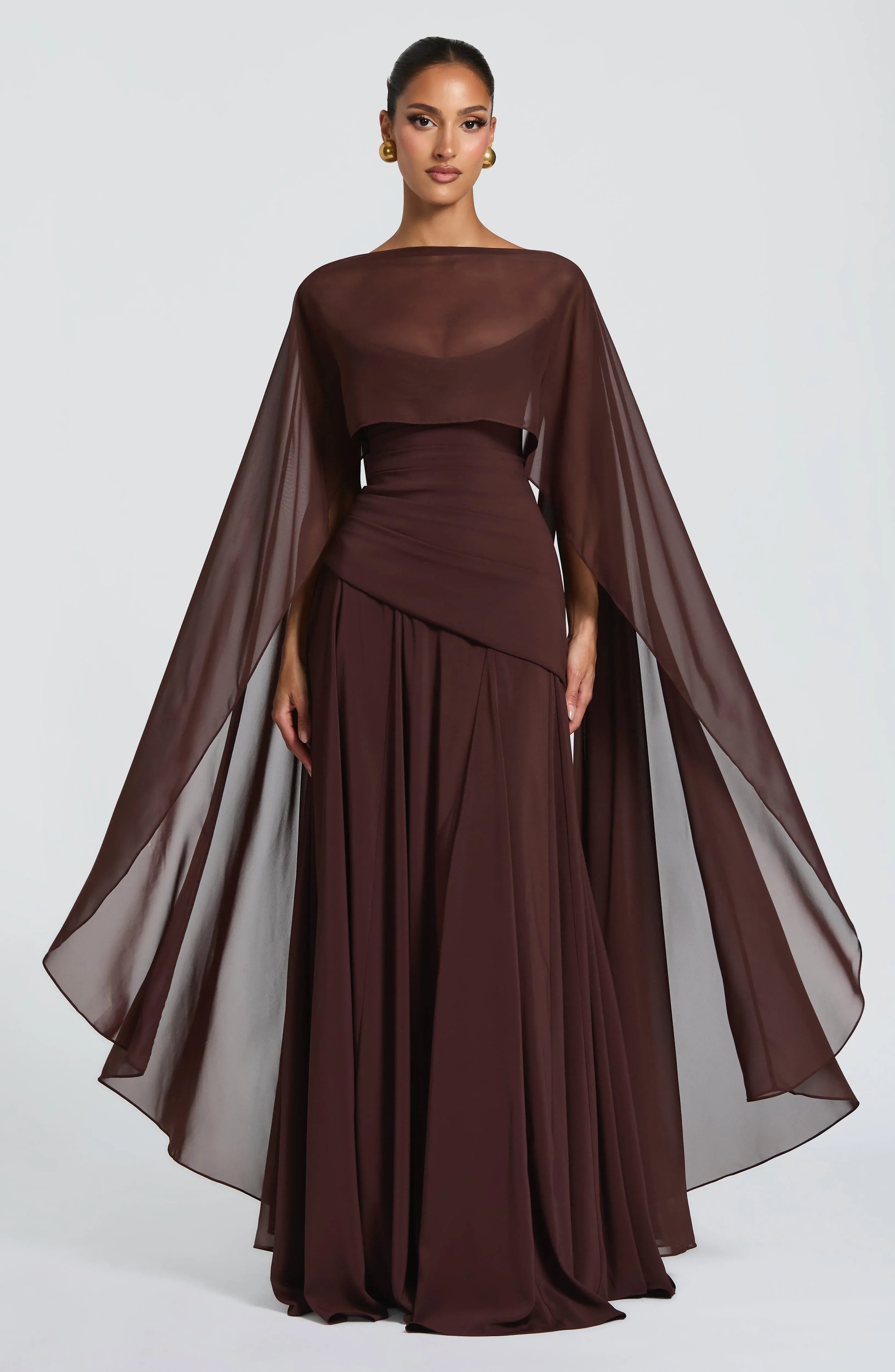 Strapless Cowl Neck Choker Sash Detachable Cape Two Fabric Burgundy A Line Maxi Wedding Guest Dresses