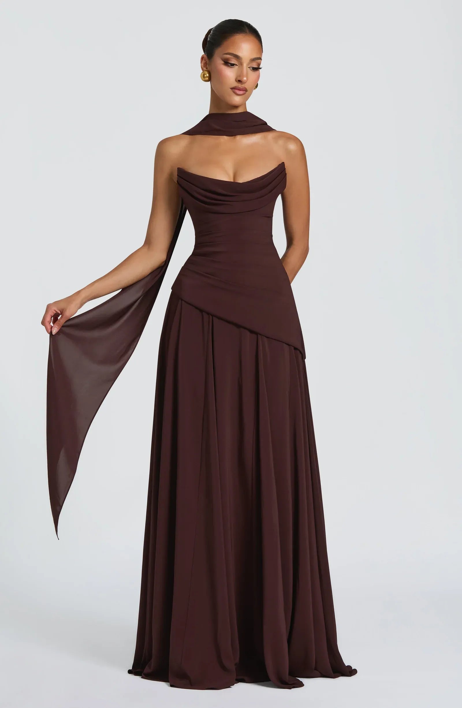 Strapless Cowl Neck Choker Sash Detachable Cape Two Fabric Burgundy A Line Maxi Wedding Guest Dresses