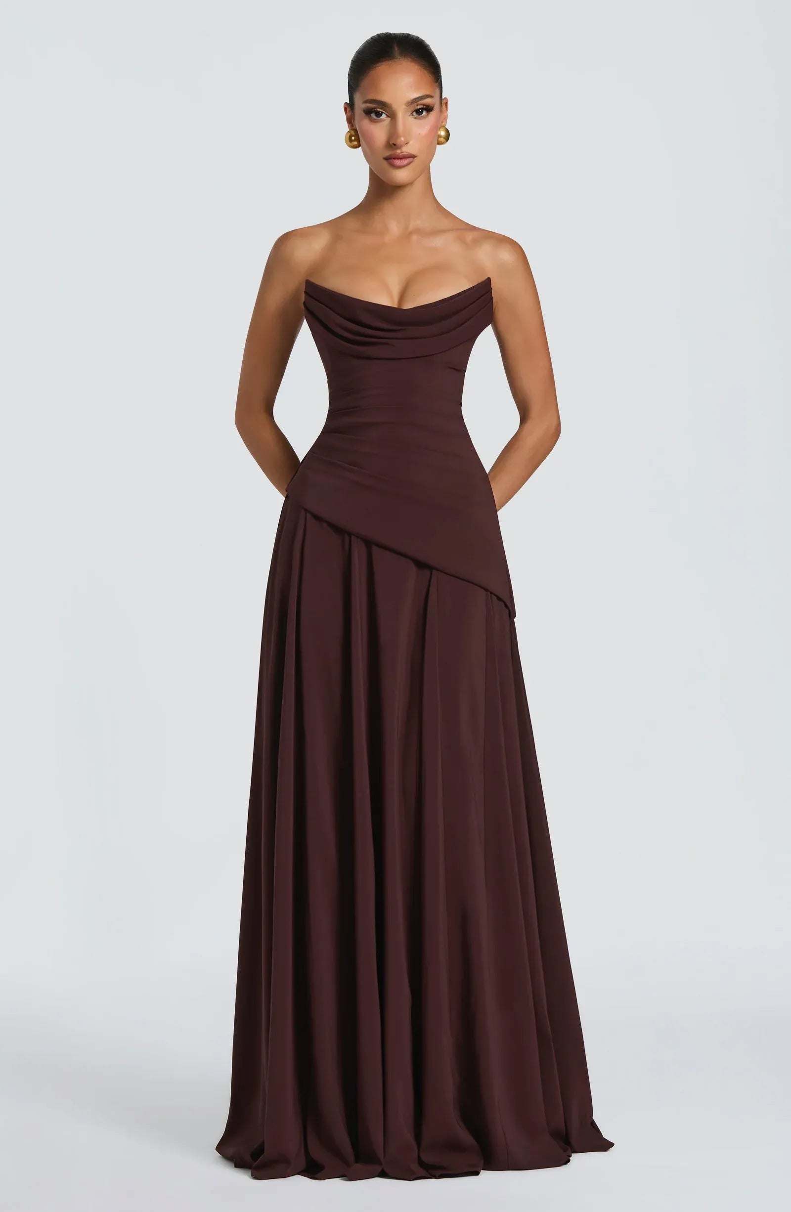 Strapless Cowl Neck Choker Sash Detachable Cape Two Fabric Burgundy A Line Maxi Wedding Guest Dresses