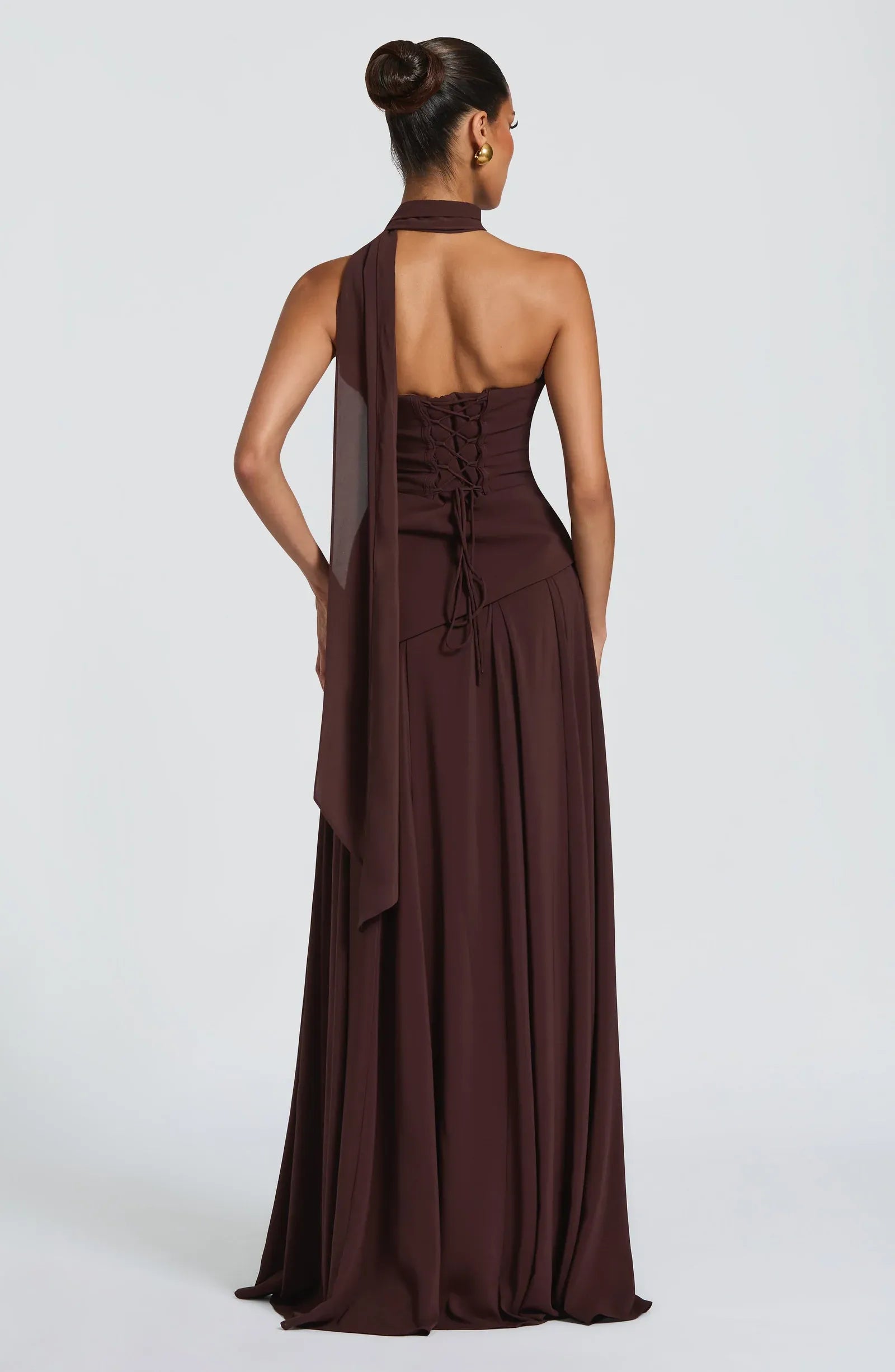 Strapless Cowl Neck Choker Sash Detachable Cape Two Fabric Burgundy A Line Maxi Wedding Guest Dresses
