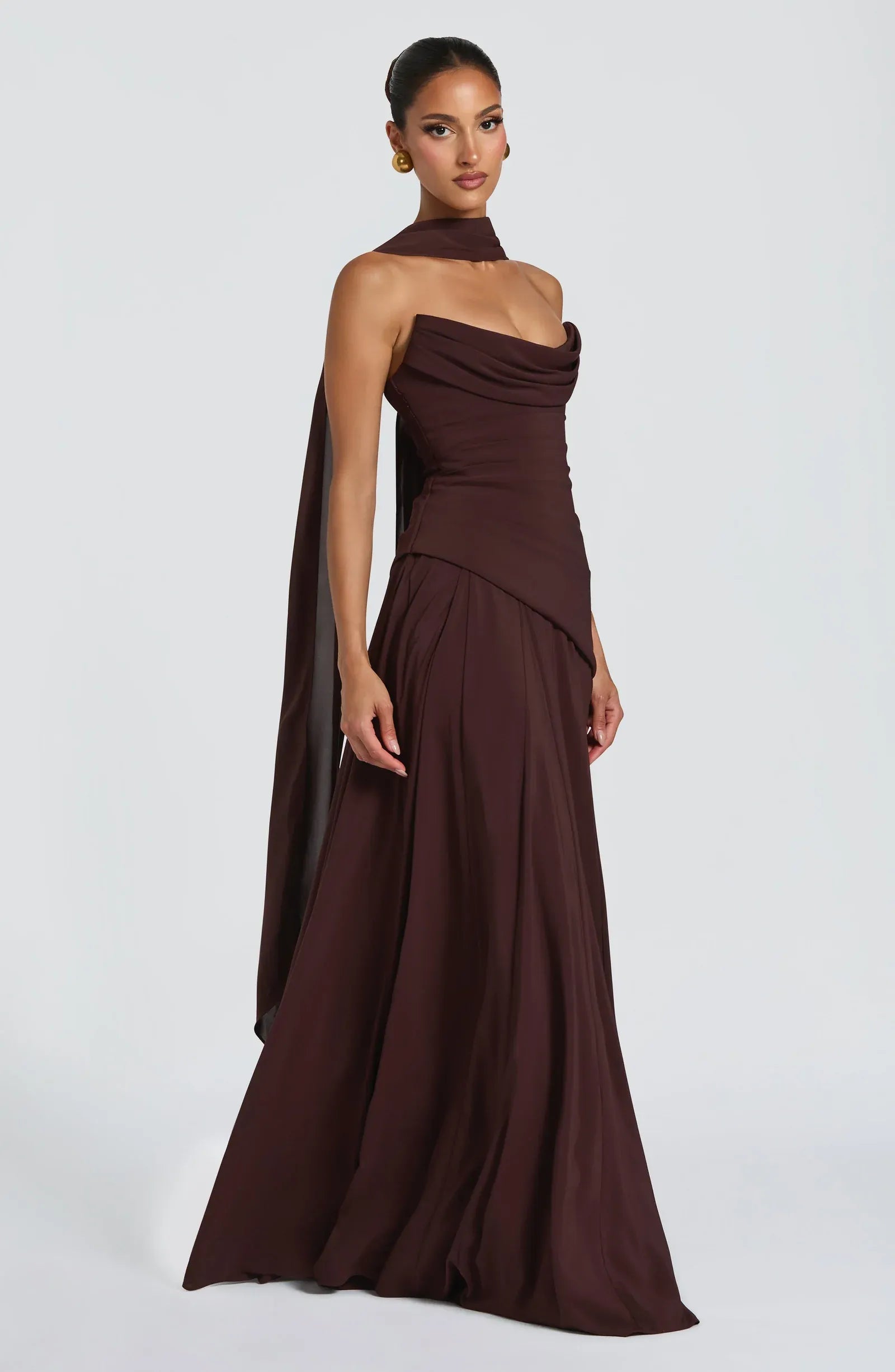 Strapless Cowl Neck Choker Sash Detachable Cape Two Fabric Burgundy A Line Maxi Wedding Guest Dresses