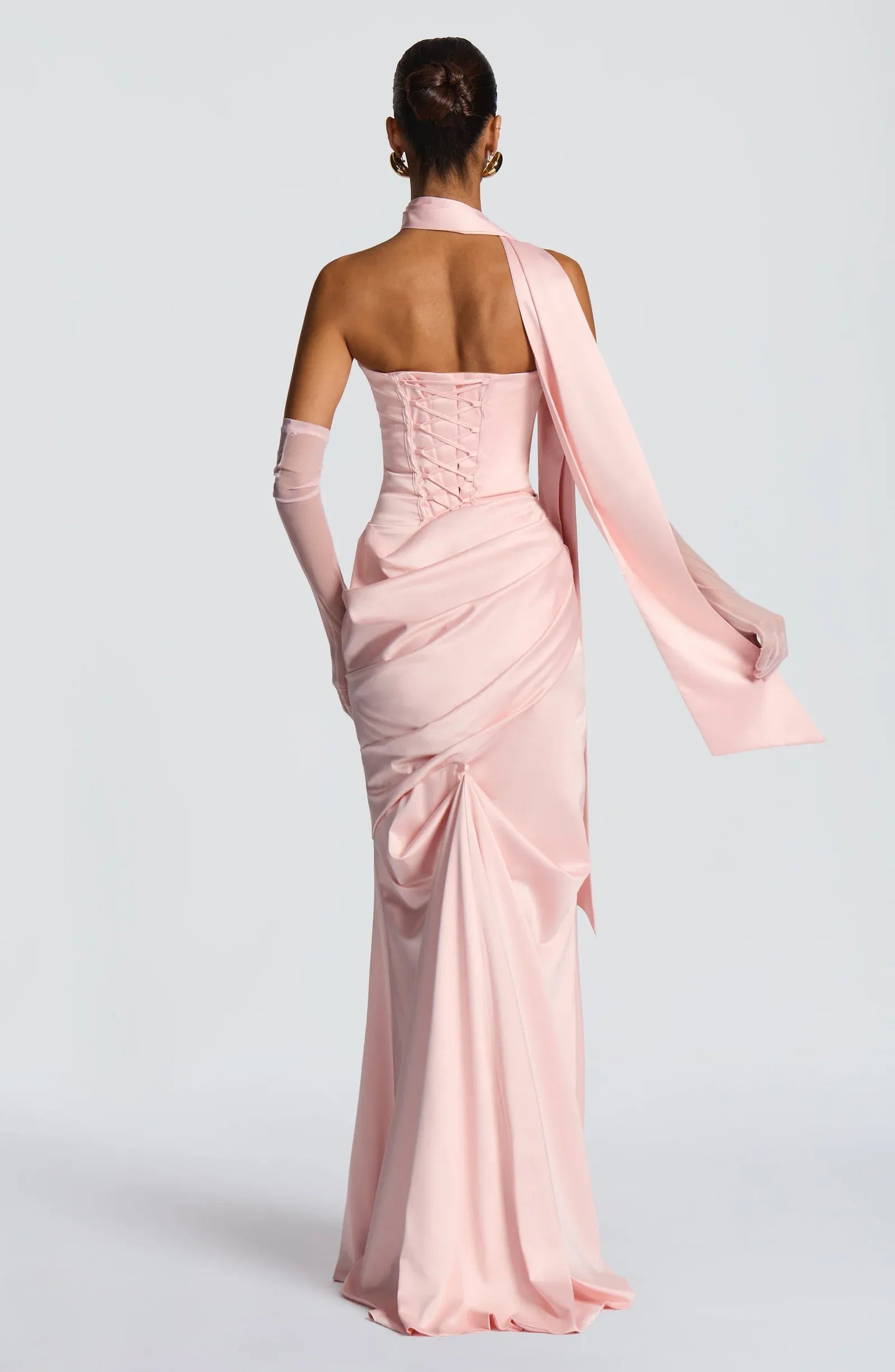 Strapless Cowl Neck Choker Sash Mesh Gloves Draped Satin Mermaid Maxi Wedding Guest Dresses