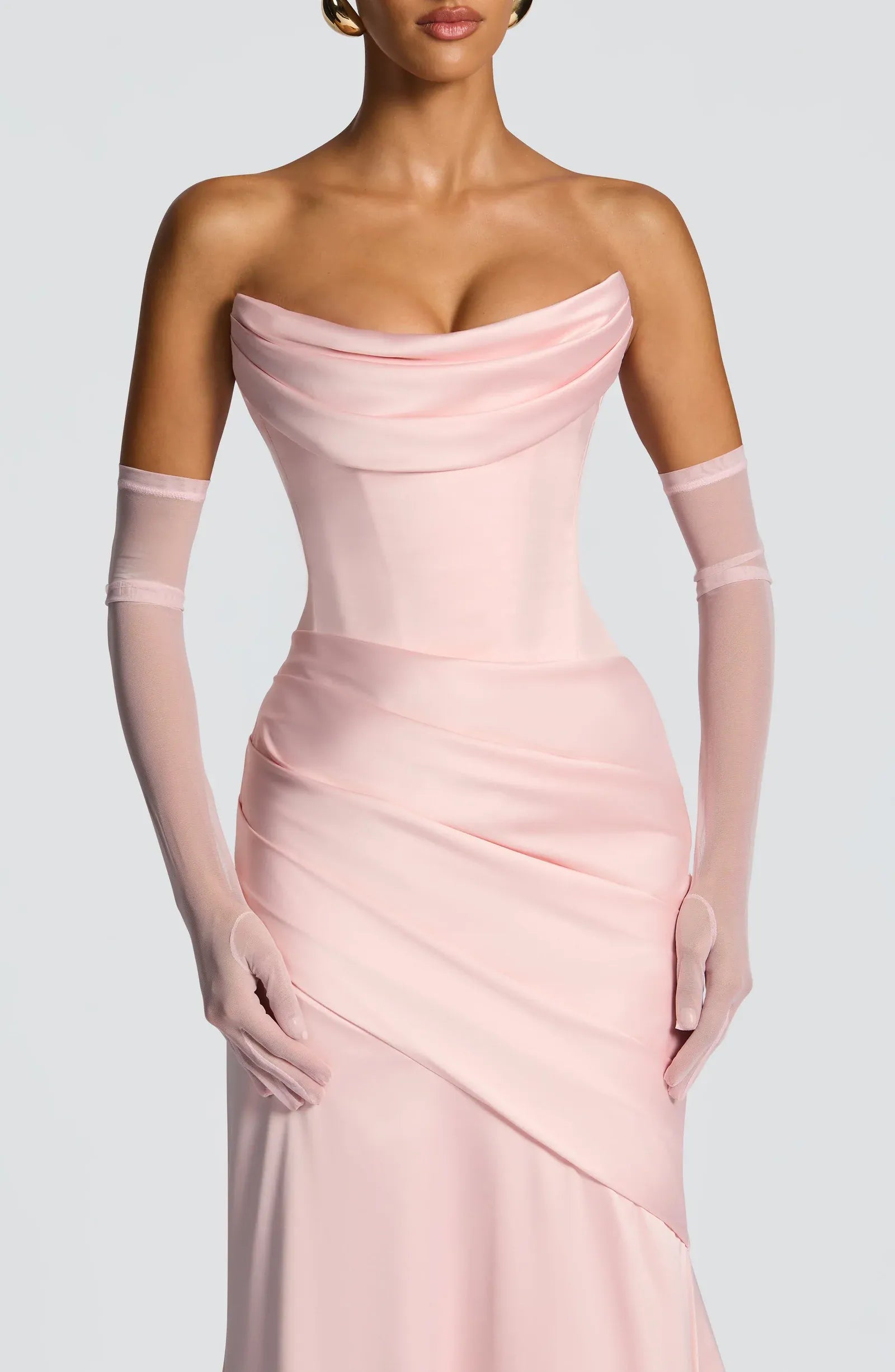 Strapless Cowl Neck Choker Sash Mesh Gloves Draped Satin Mermaid Maxi Wedding Guest Dresses