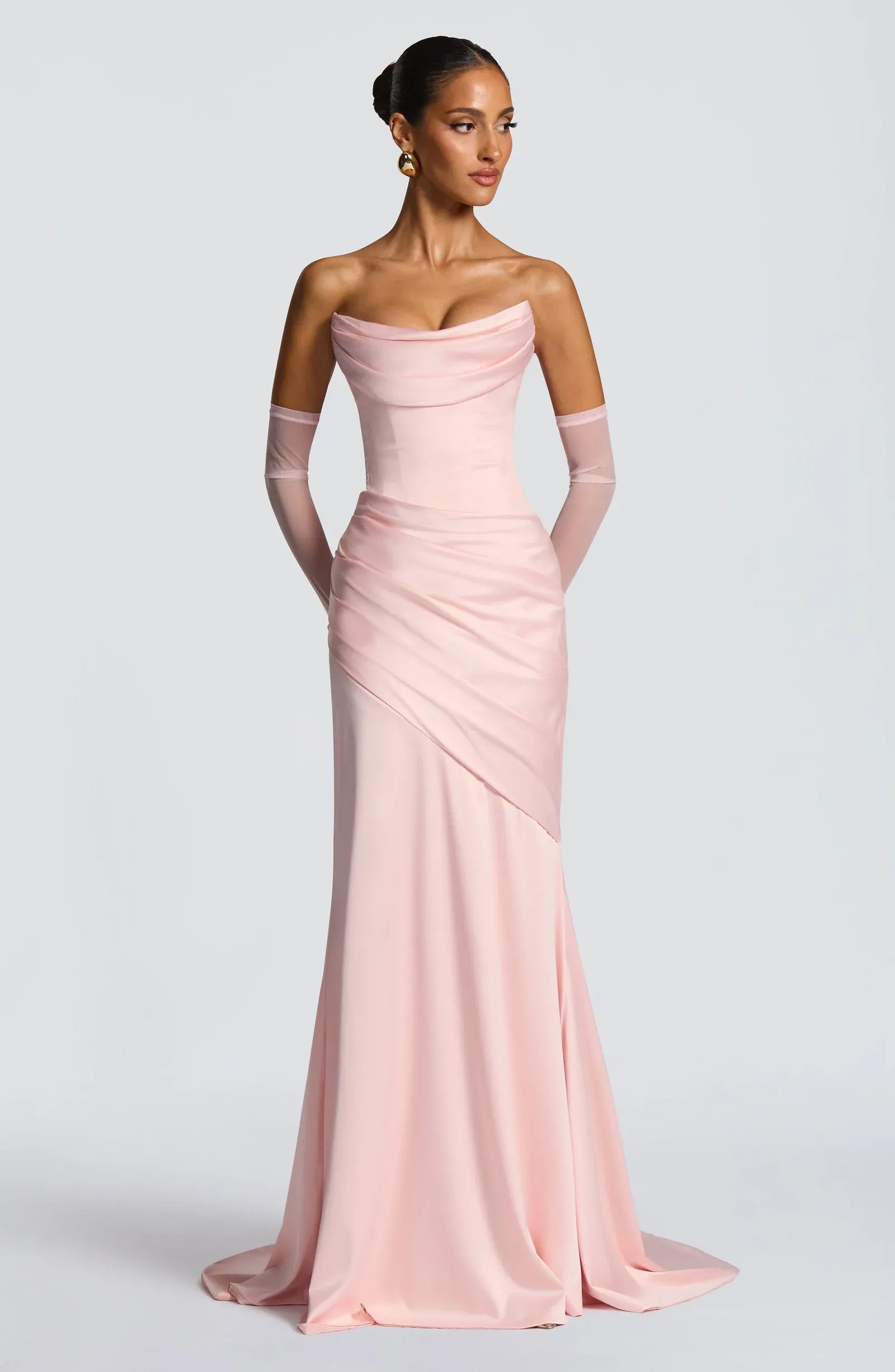 Strapless Cowl Neck Choker Sash Mesh Gloves Draped Satin Mermaid Maxi Wedding Guest Dresses