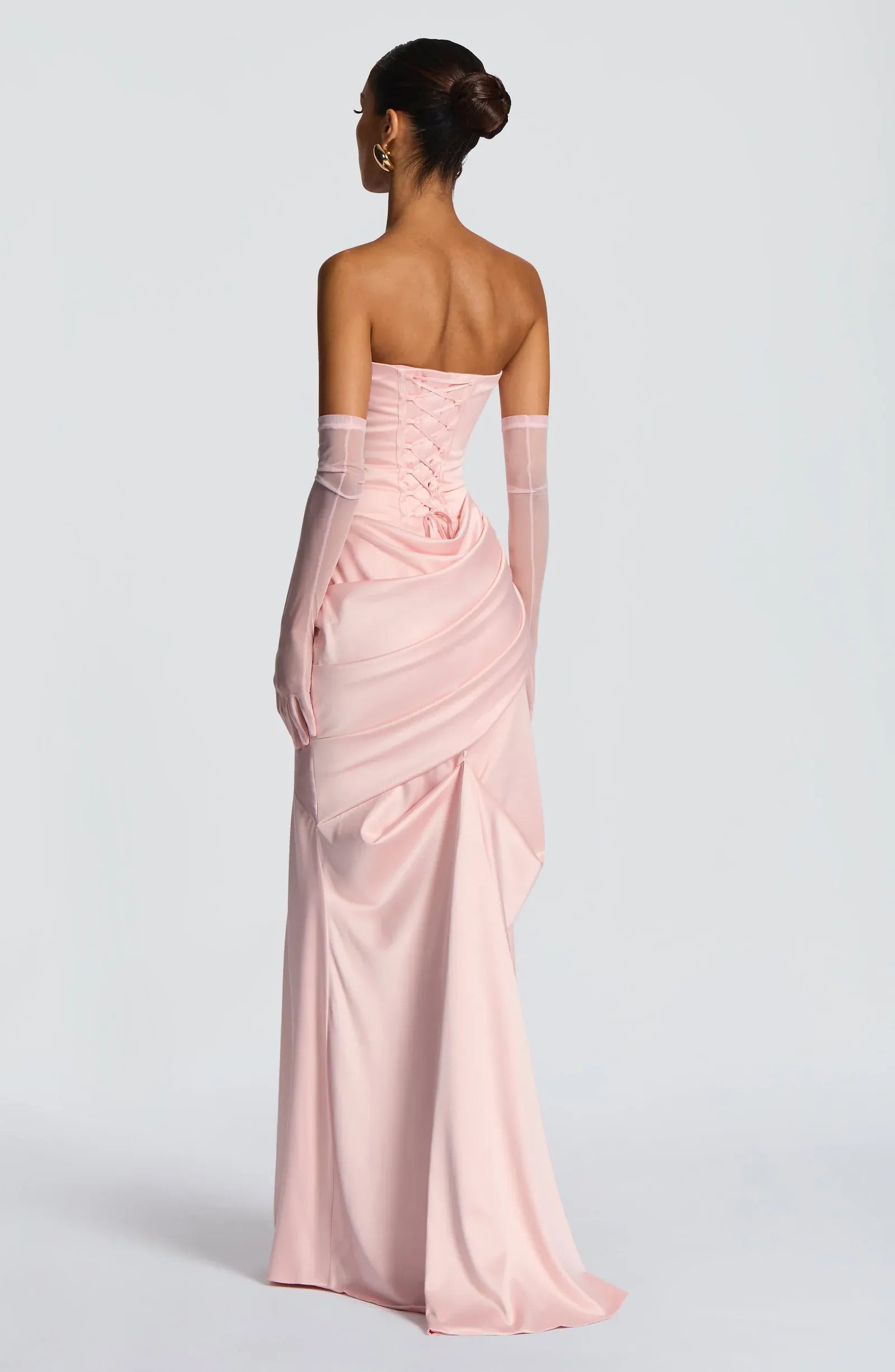 Strapless Cowl Neck Choker Sash Mesh Gloves Draped Satin Mermaid Maxi Wedding Guest Dresses