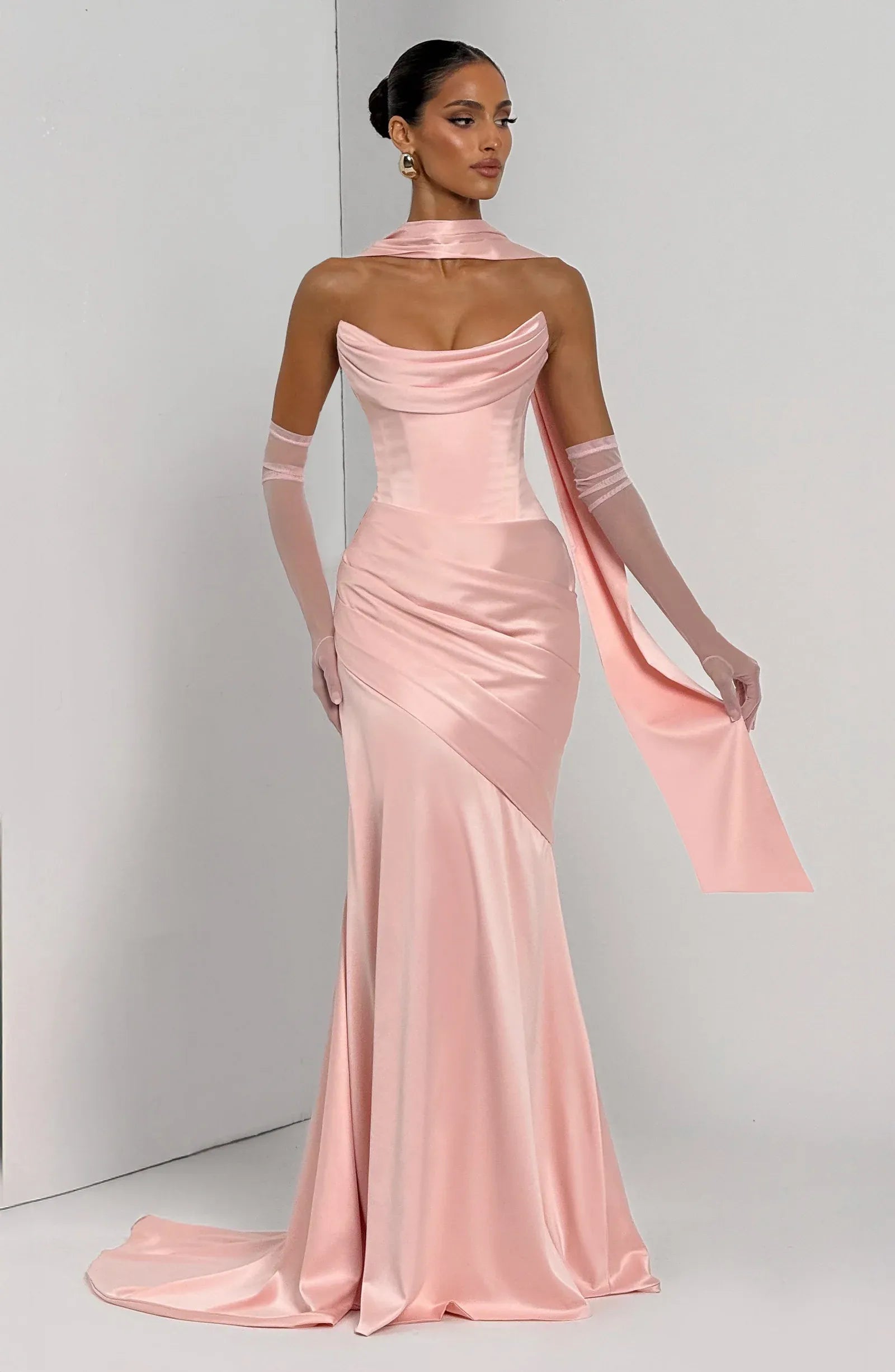 Strapless Cowl Neck Choker Sash Mesh Gloves Draped Satin Mermaid Maxi Wedding Guest Dresses