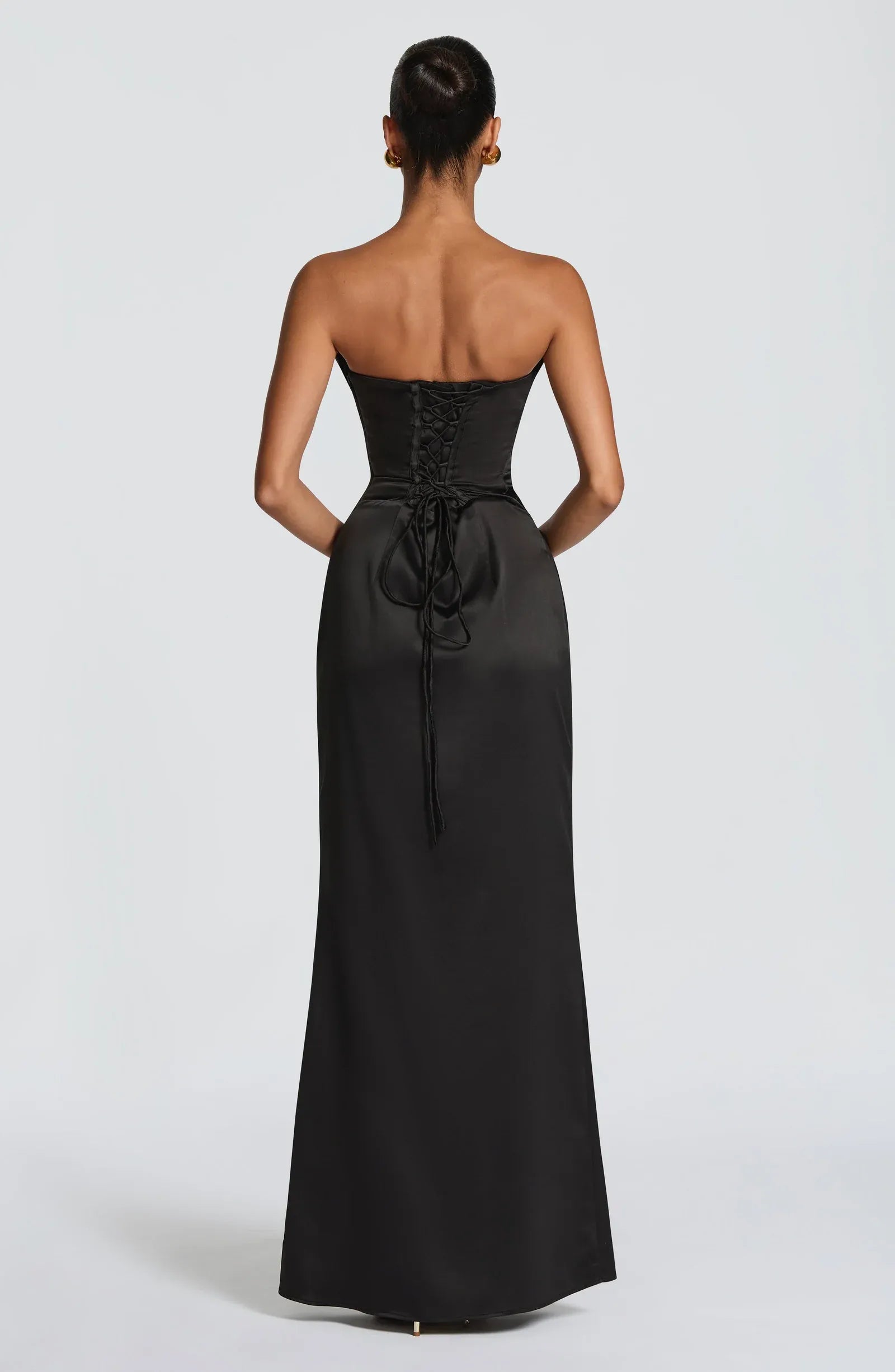 Strapless Cowl Neck Ruched Waist Black Satin Mermaid Maxi Wedding Guest Dresses