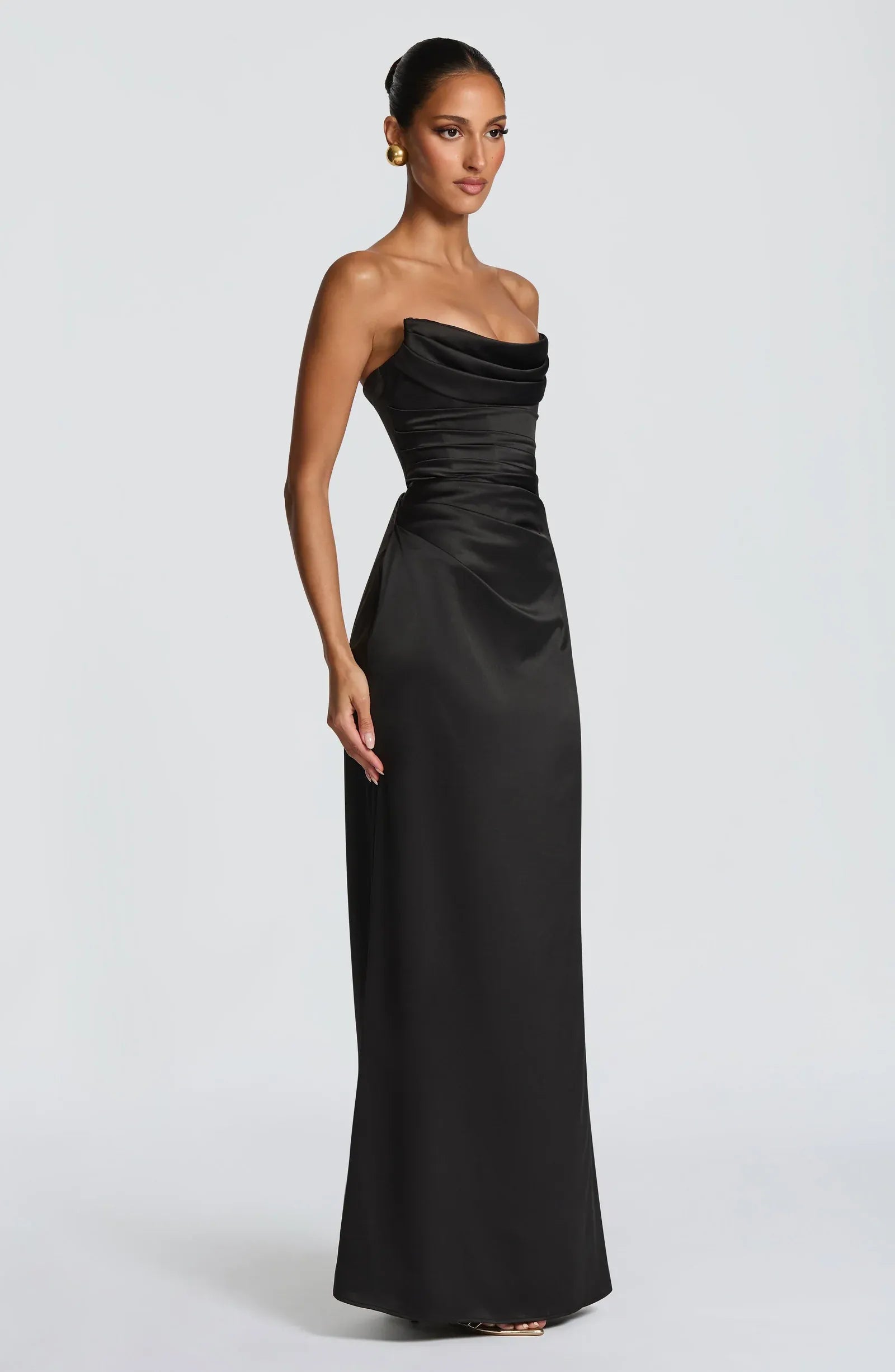 Strapless Cowl Neck Ruched Waist Black Satin Mermaid Maxi Wedding Guest Dresses