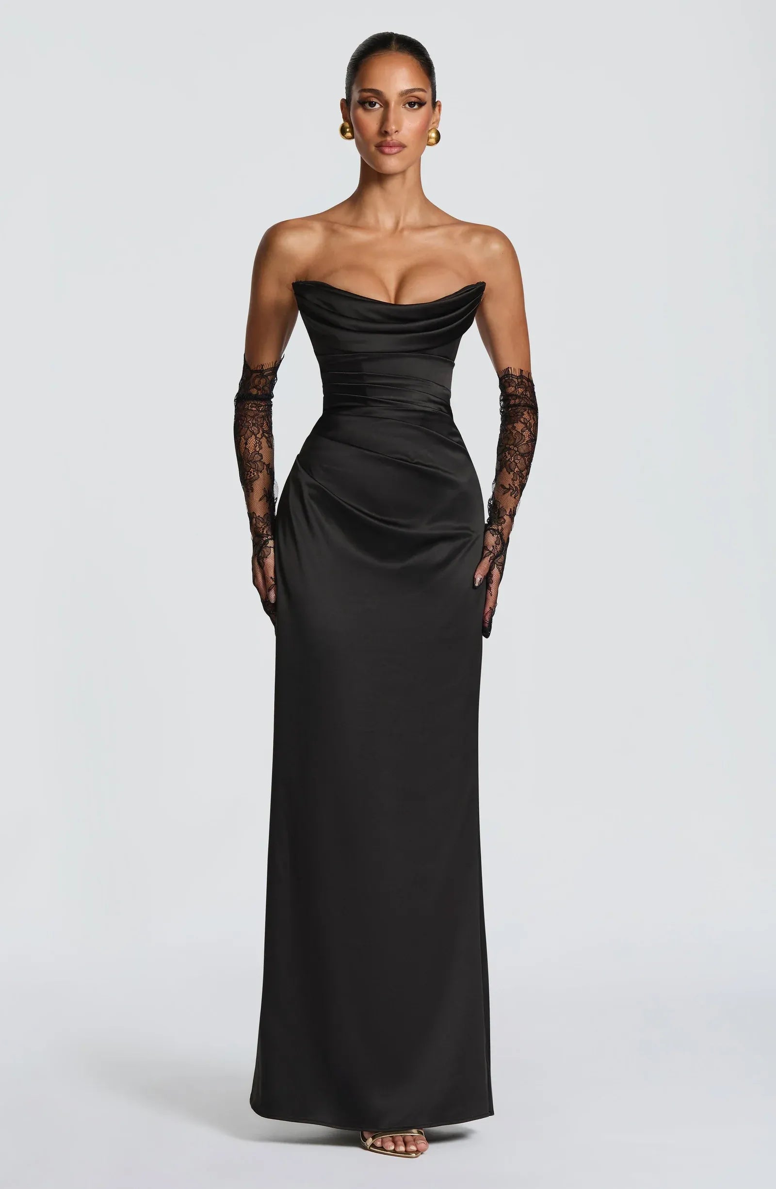 Strapless Cowl Neck Ruched Waist Black Satin Mermaid Maxi Wedding Guest Dresses