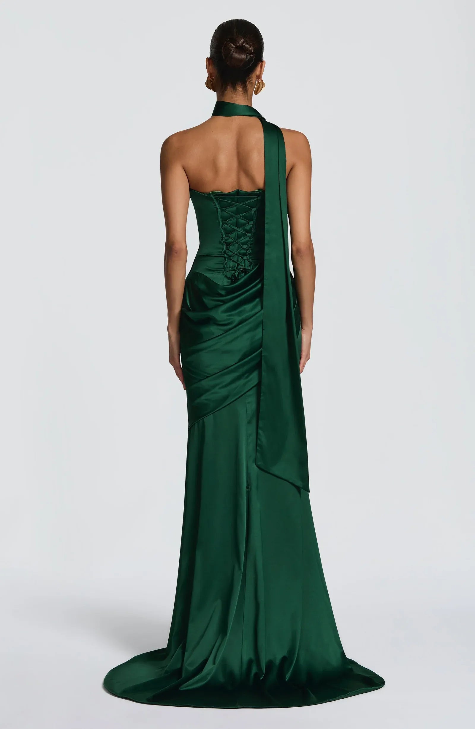 Strapless Cowl Neck Sash Choker Draped Waist Emerald Green Satin Mermaid Maxi Wedding Guest Dresses