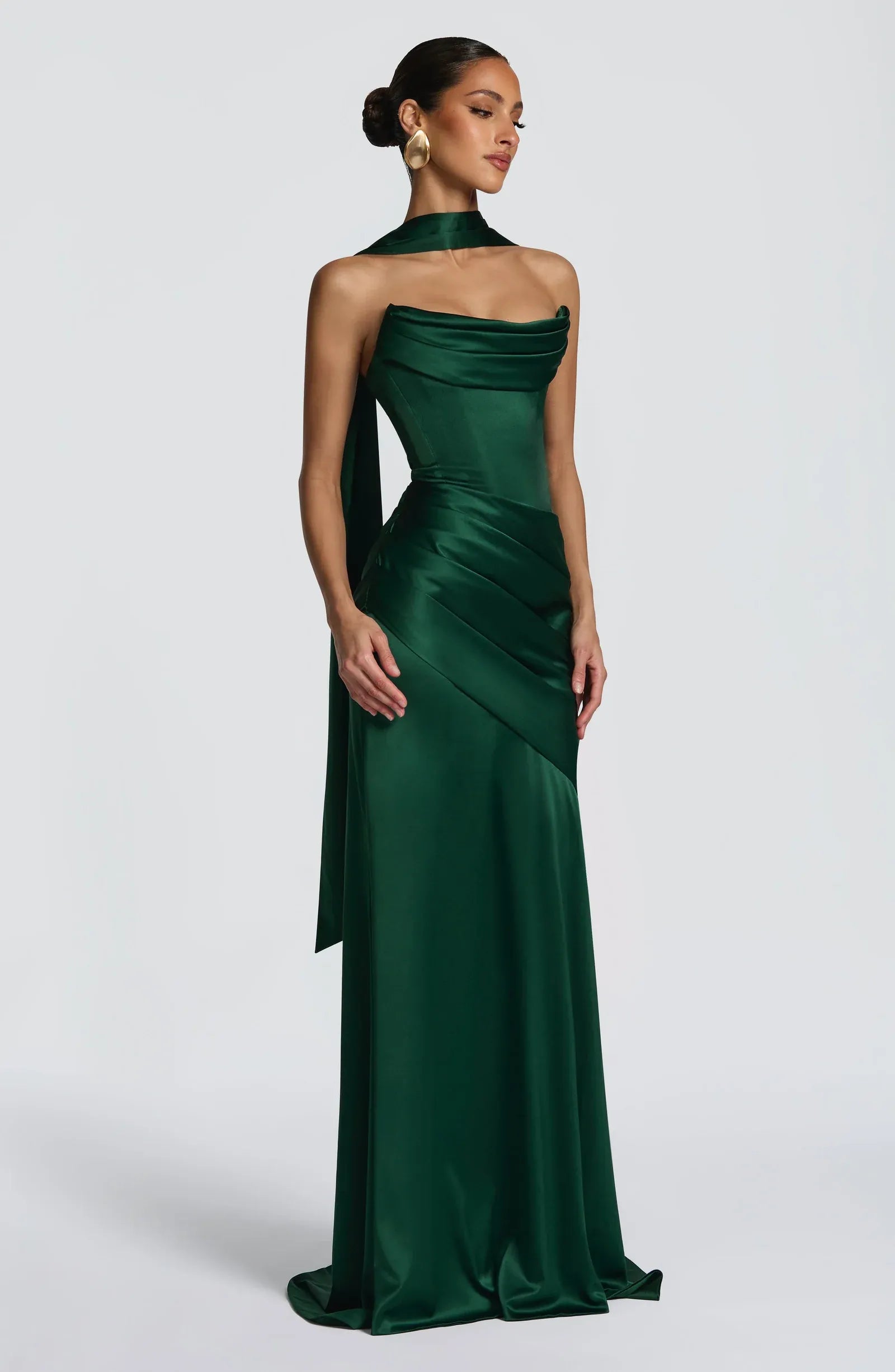 Strapless Cowl Neck Sash Choker Draped Waist Emerald Green Satin Mermaid Maxi Wedding Guest Dresses