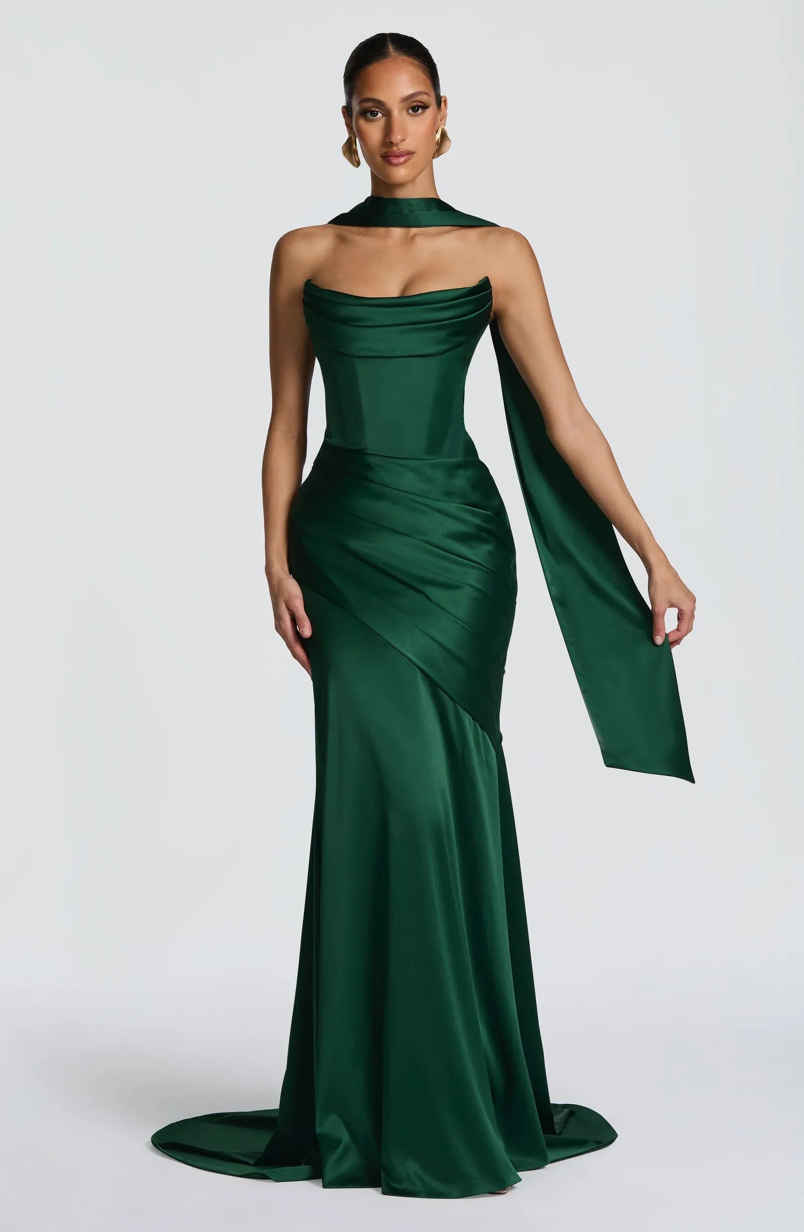 Strapless Cowl Neck Sash Choker Draped Waist Emerald Green Satin Mermaid Maxi Wedding Guest Dresses
