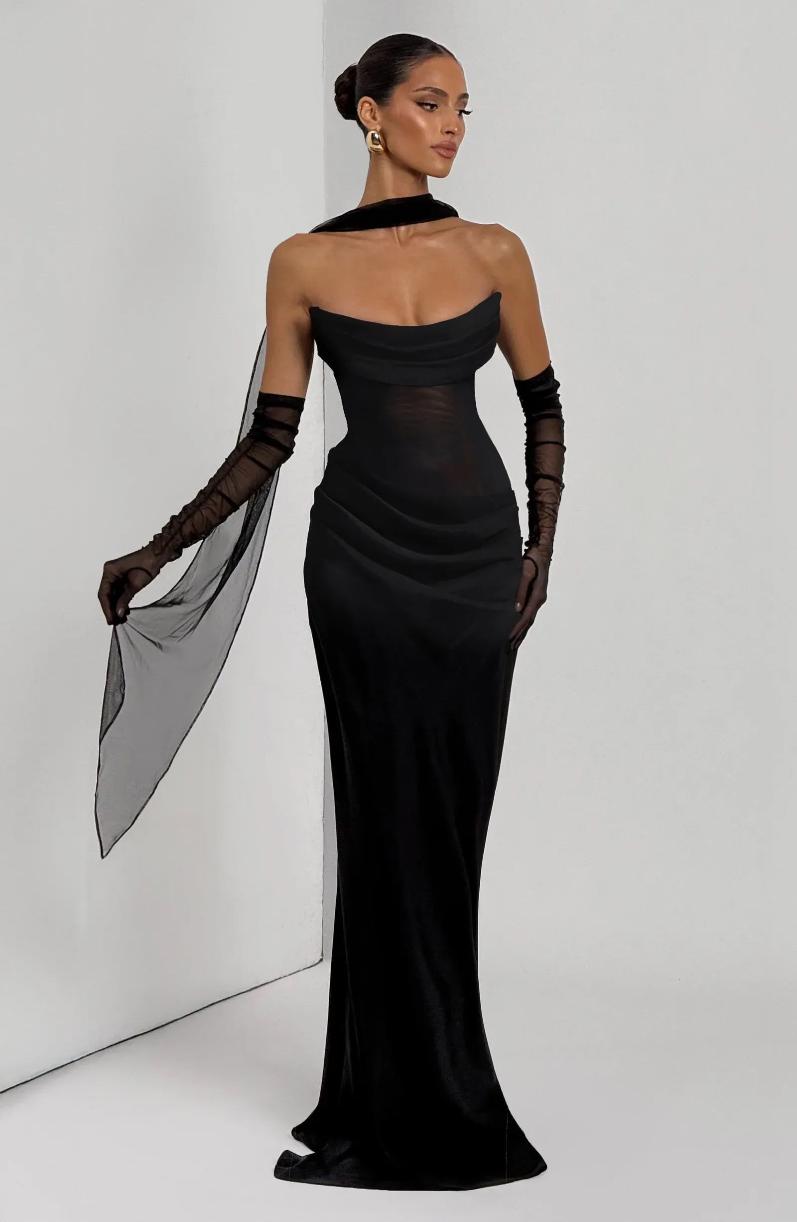 Strapless Cowl Neck Sheer Mesh Choker Sash Black Satin Mermaid Maxi Wedding Guest Dresses