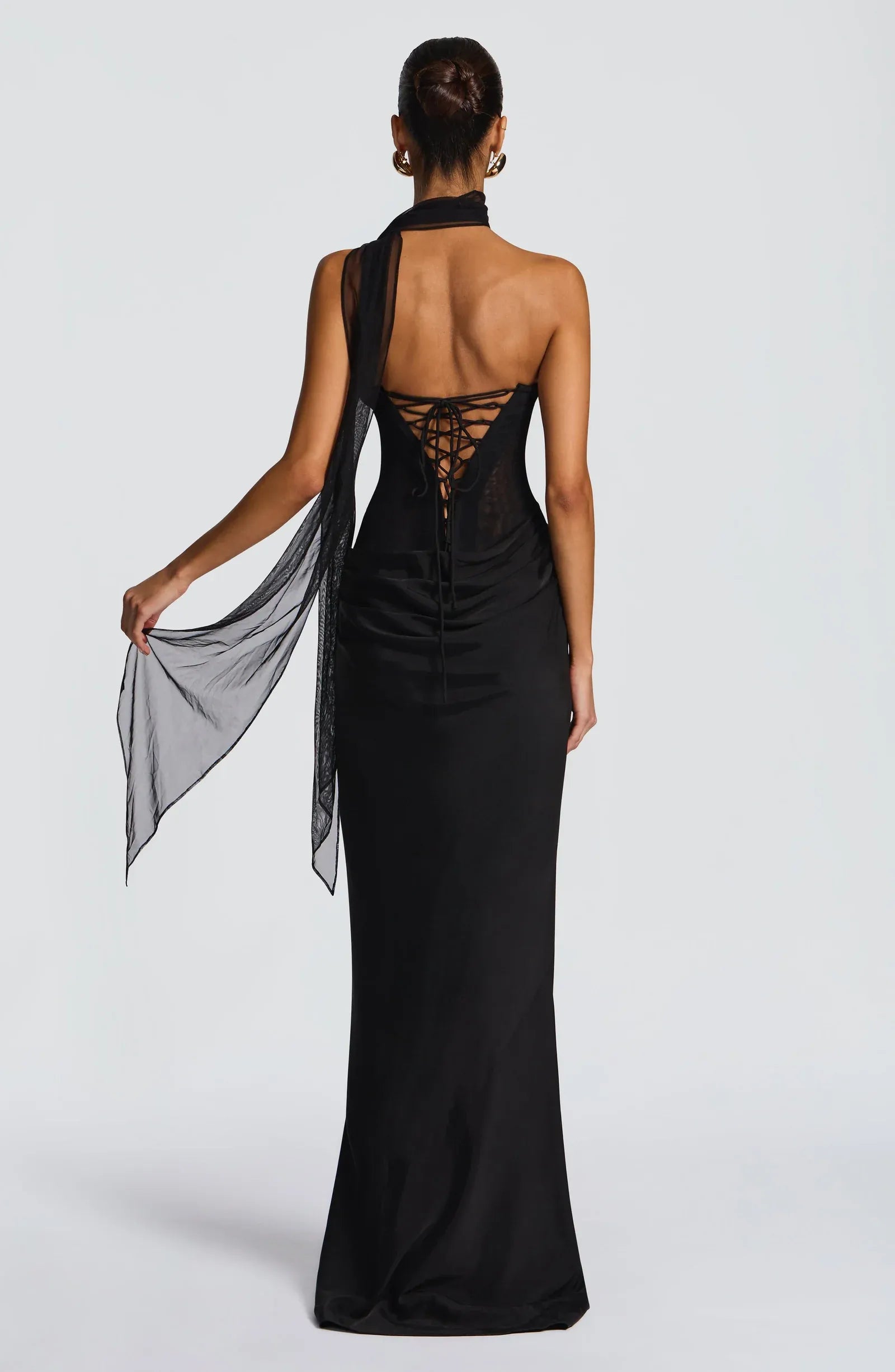 Strapless Cowl Neck Sheer Mesh Choker Sash Black Satin Mermaid Maxi Wedding Guest Dresses